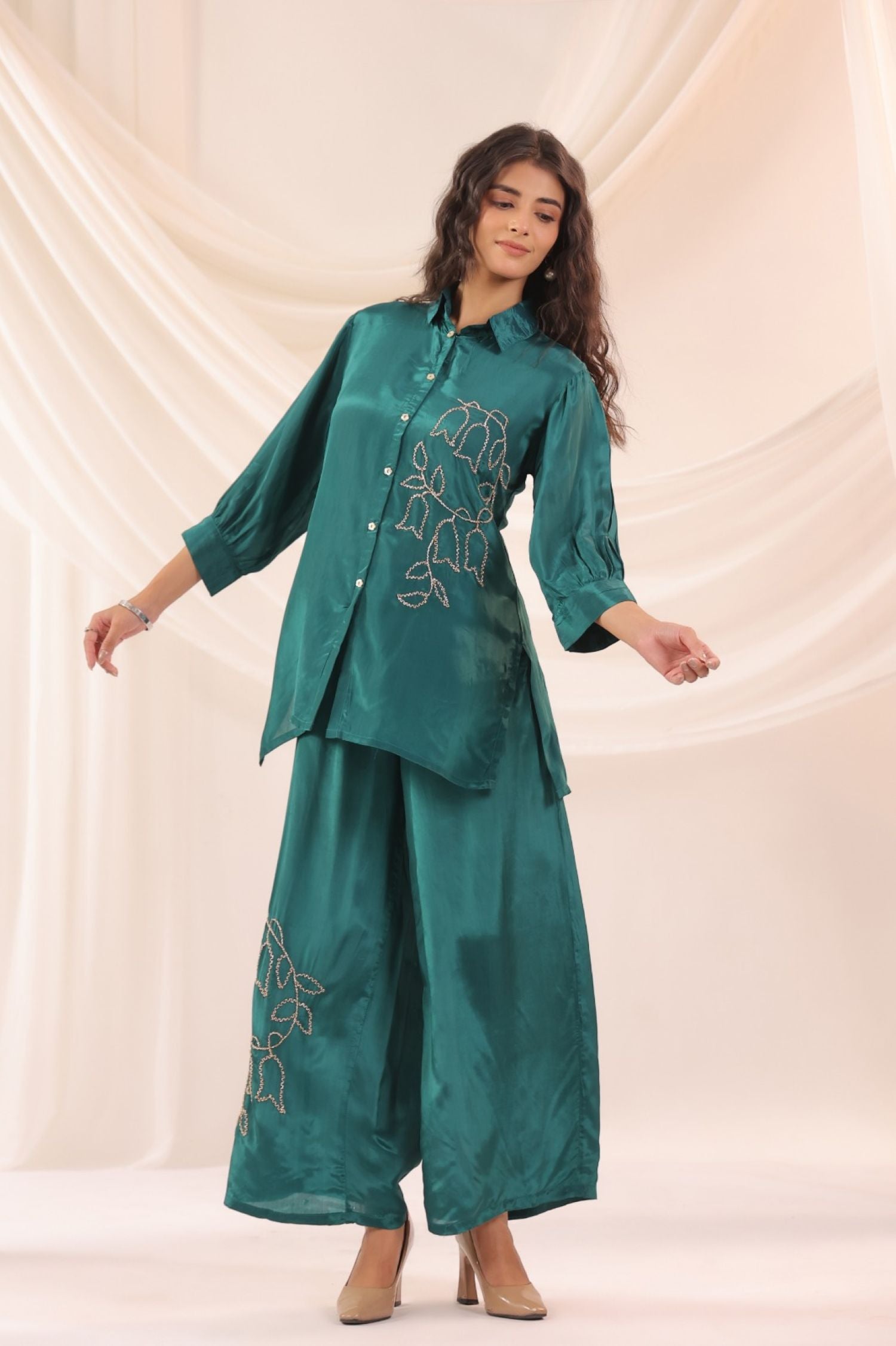 Teal Blue Satin Golden Floral Embroidered Cord Set