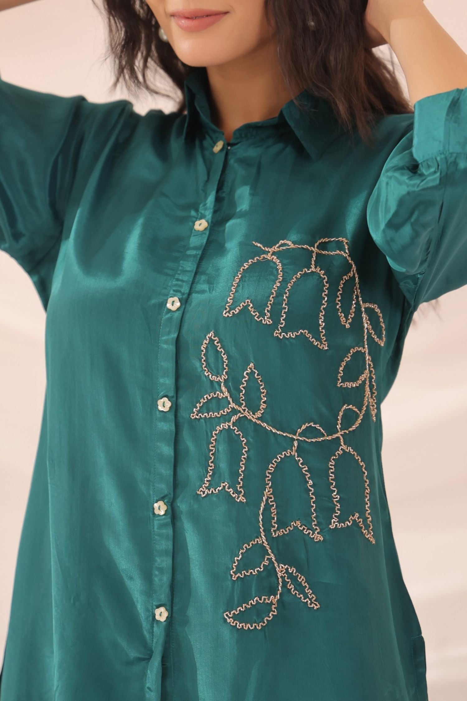 Teal Blue Satin Golden Floral Embroidered Cord Set
