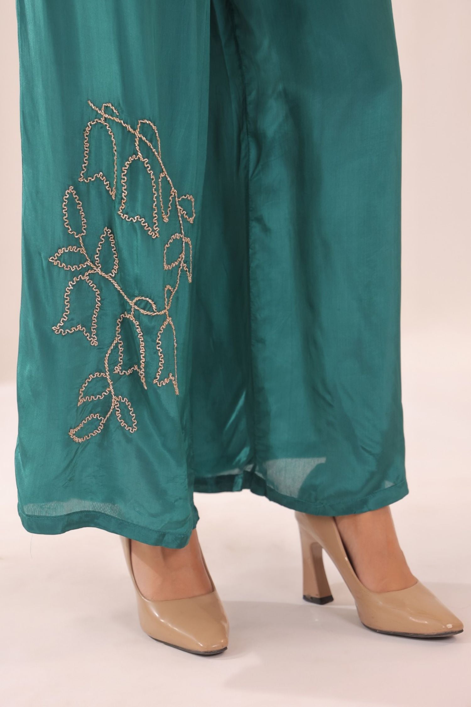 Teal Blue Satin Golden Floral Embroidered Cord Set