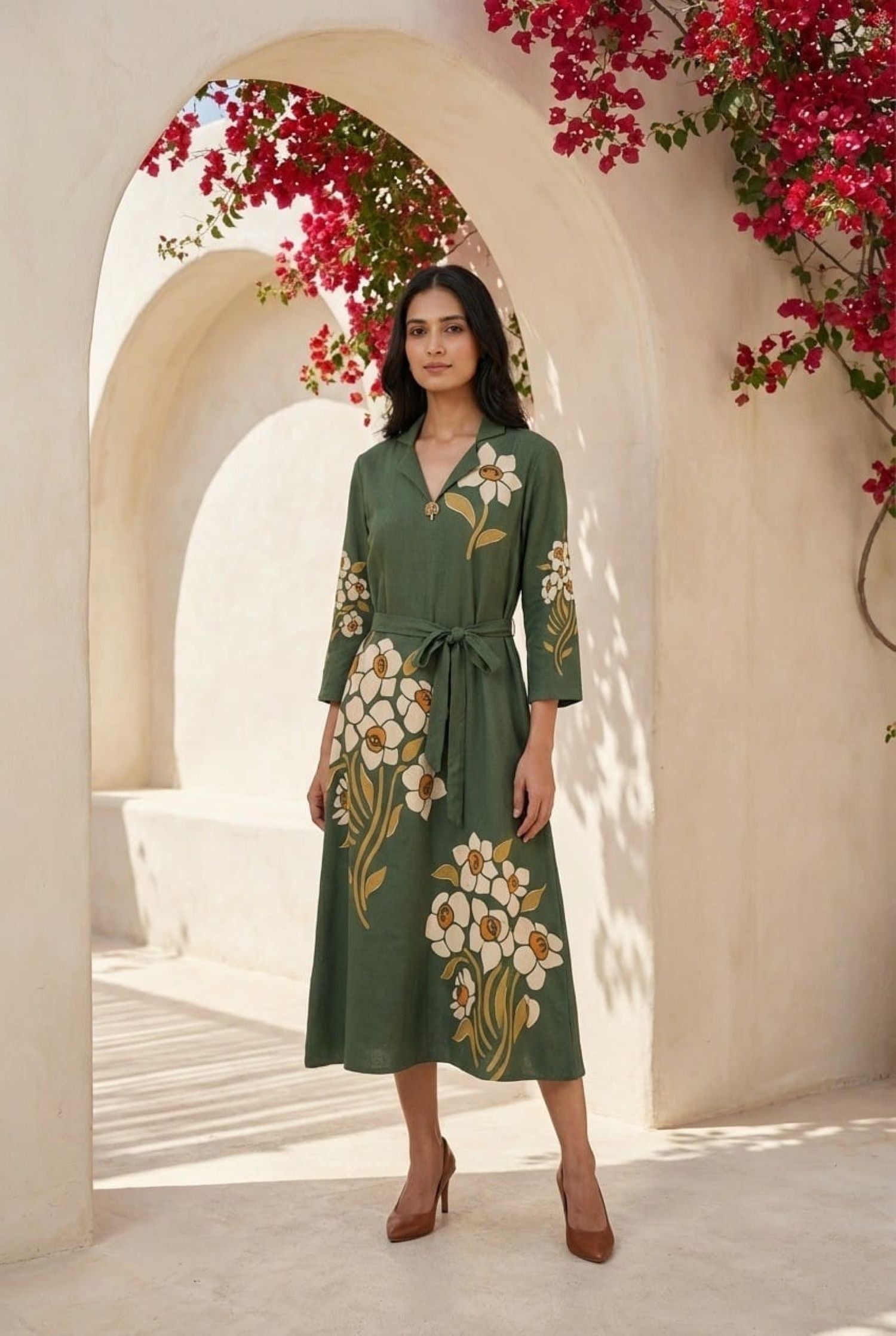 Leaf Green cotton Long Dress with Golden Floral Prints