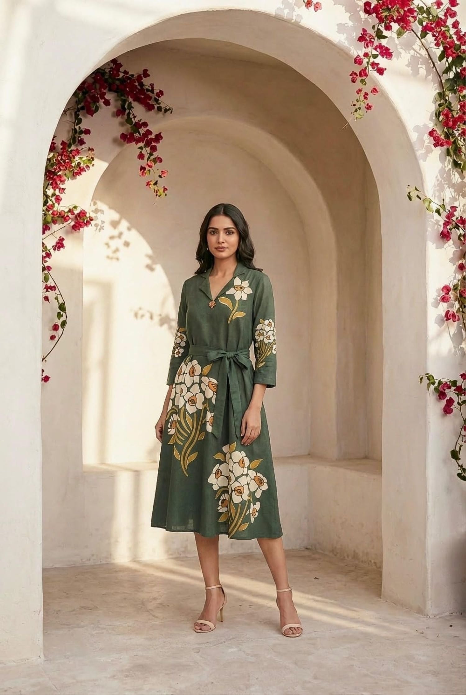 Leaf Green cotton Long Dress with Golden Floral Prints