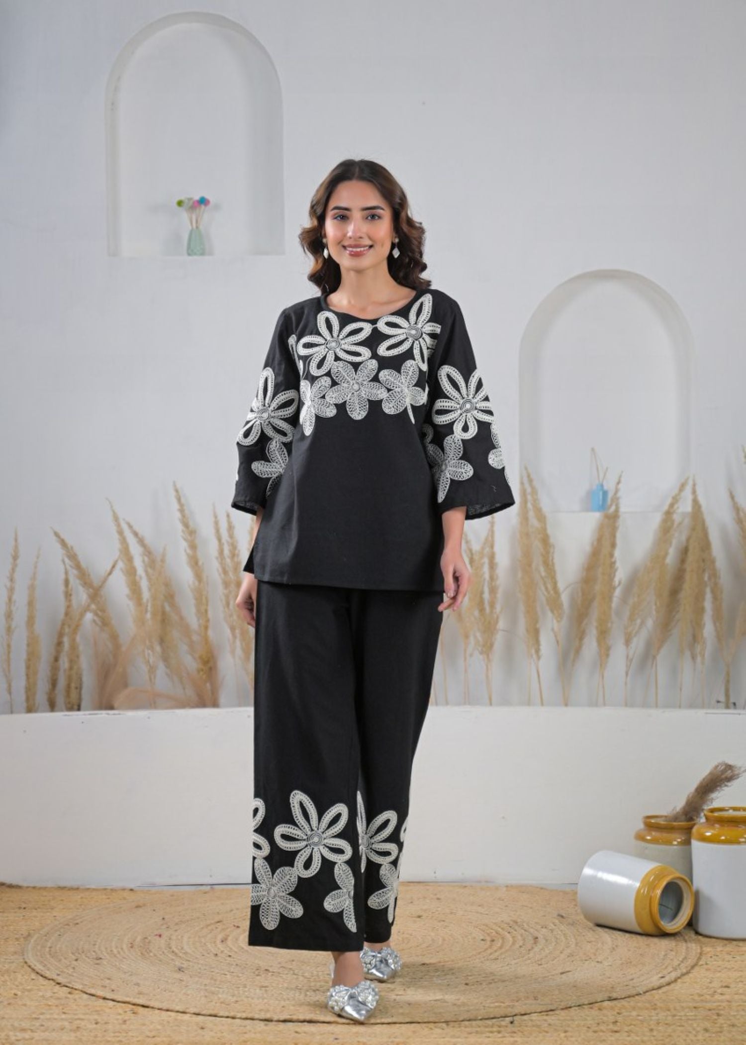 Black Cotton Embroidered Top and Bottom Cord set