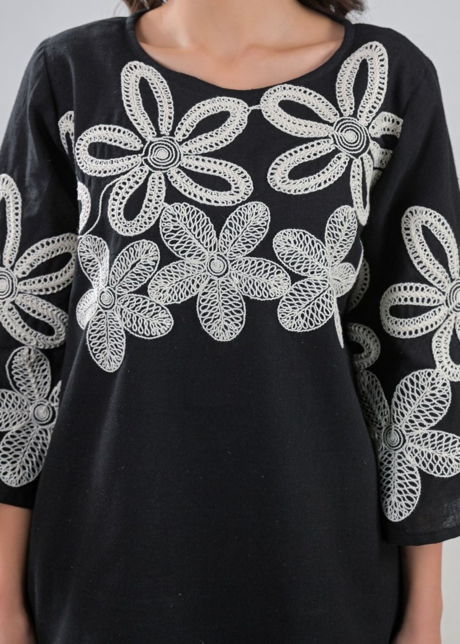 Black Cotton Embroidered Top and Bottom Cord set