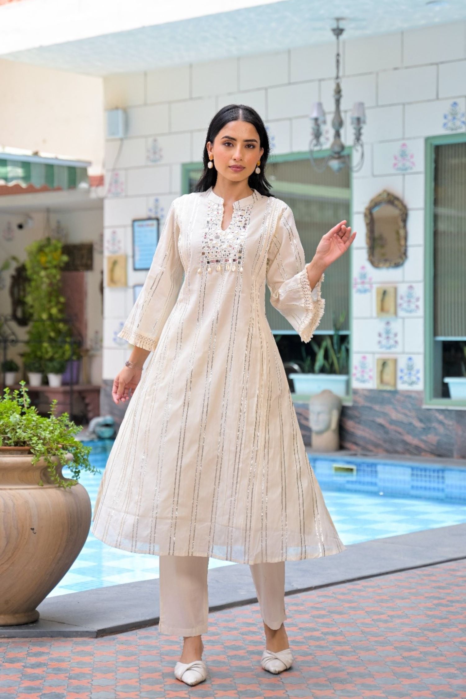 Off-White Mirror Work A-Line Kurta Co-Ord Set.