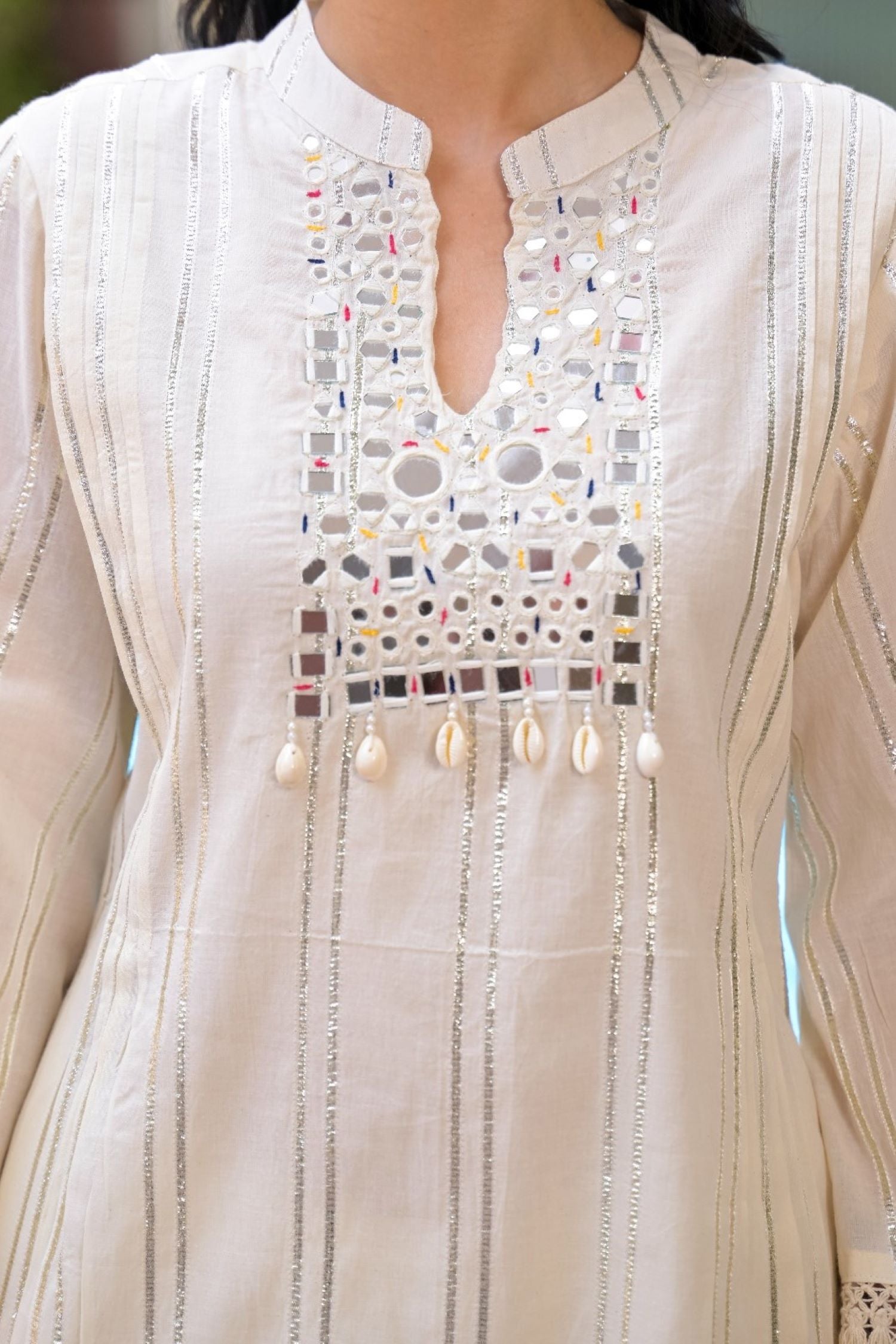 Off-White Mirror Work A-Line Kurta Co-Ord Set.