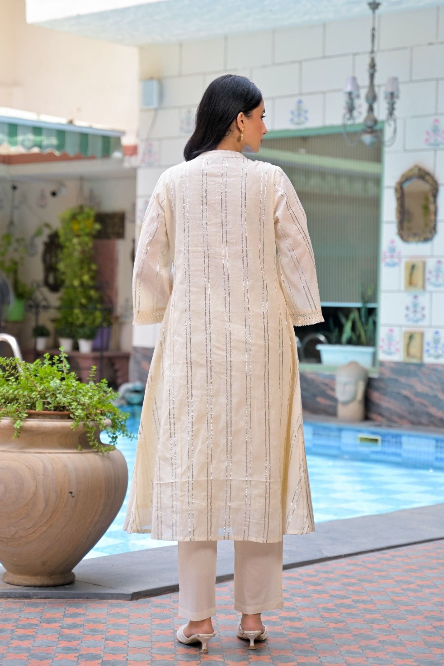 Off-White Mirror Work A-Line Kurta Co-Ord Set.