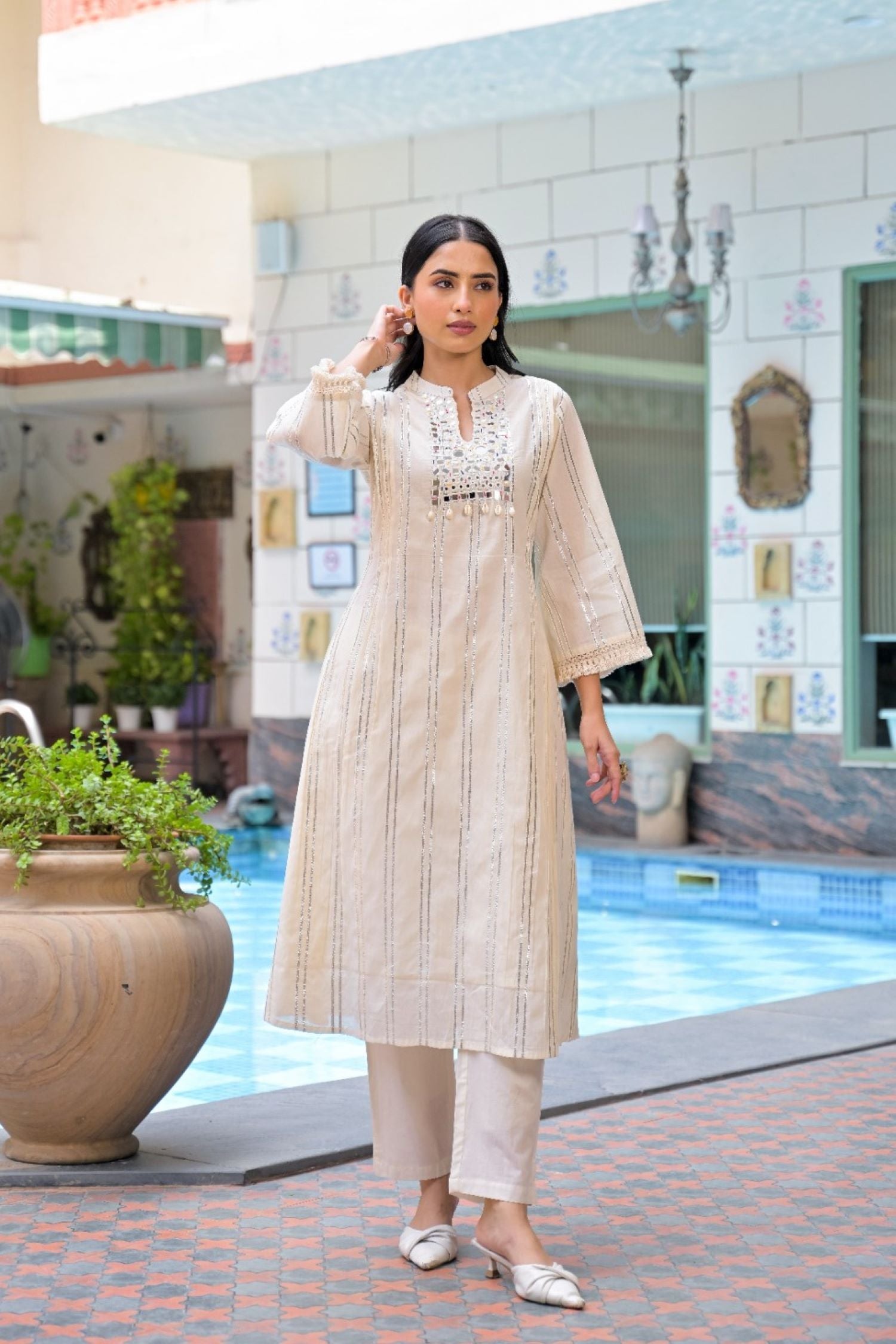 Off-White Mirror Work A-Line Kurta Co-Ord Set.