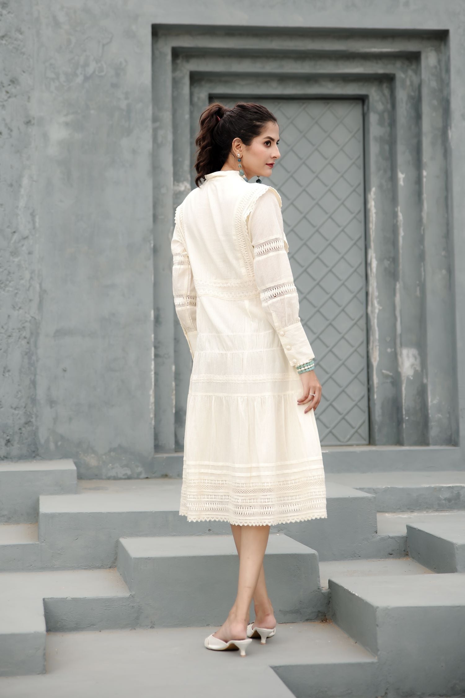 Schiffli Embroidery on Cream Cotton Dress