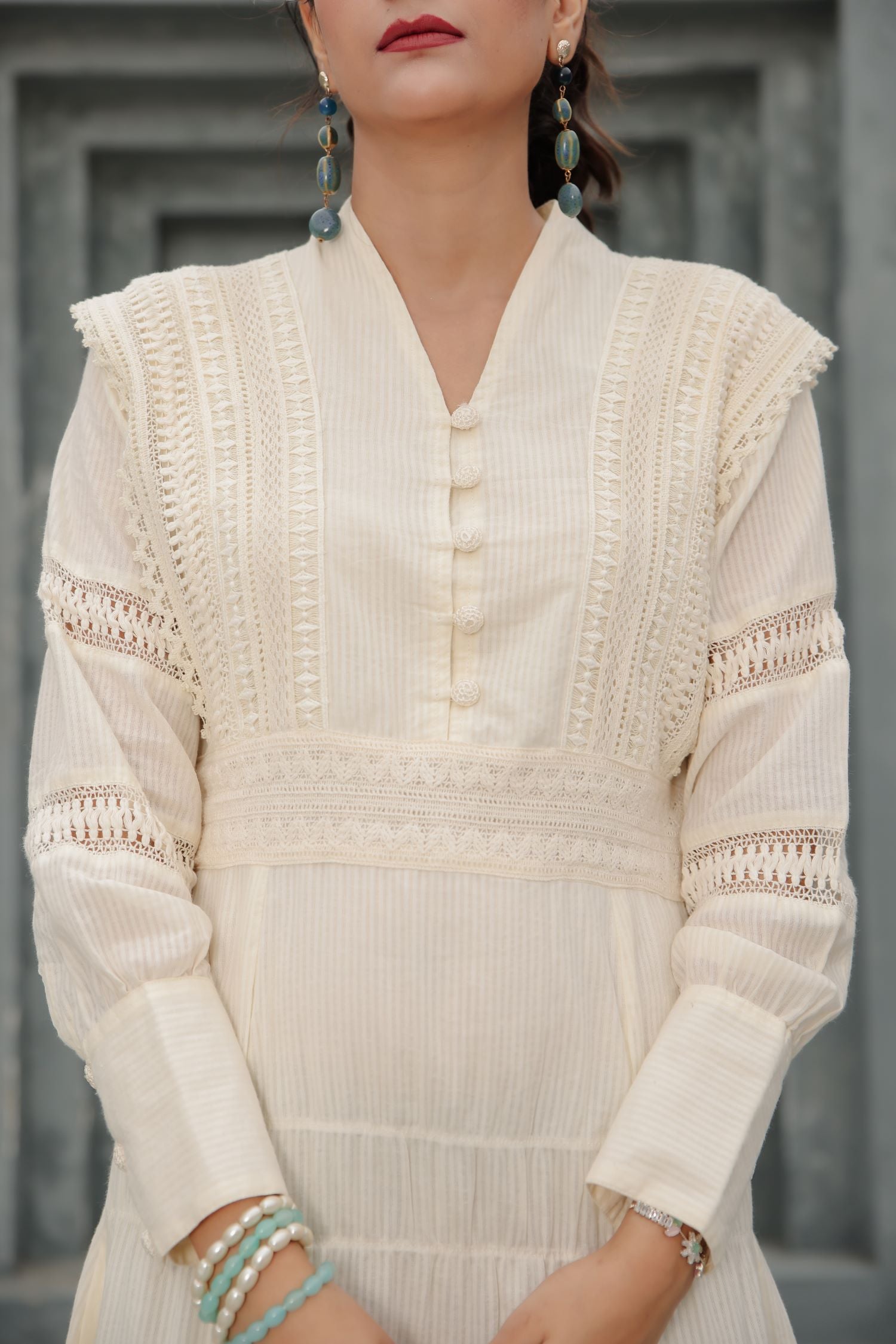 Schiffli Embroidery on Cream Cotton Dress