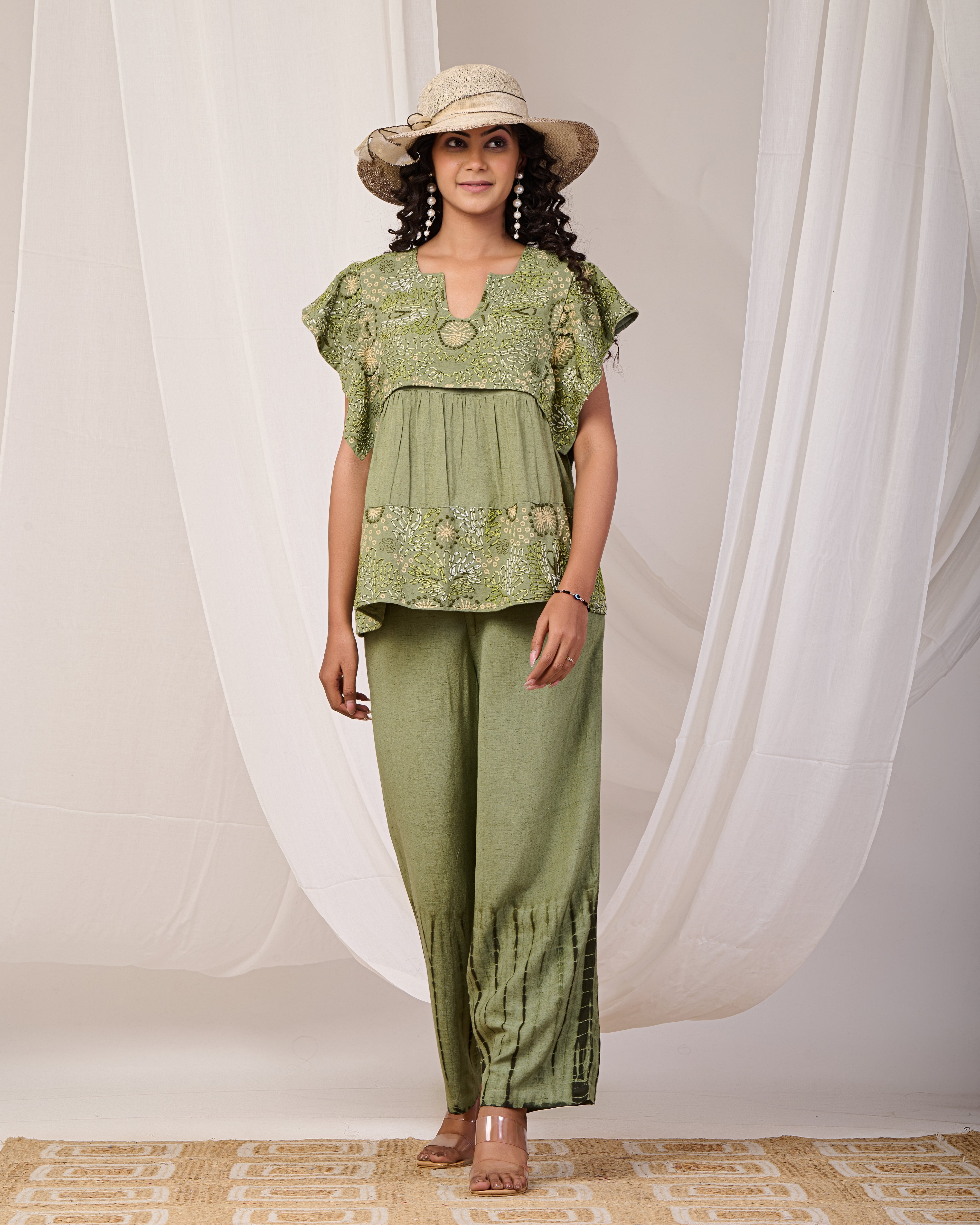 Emerald Elegance Embroidered Cord Set