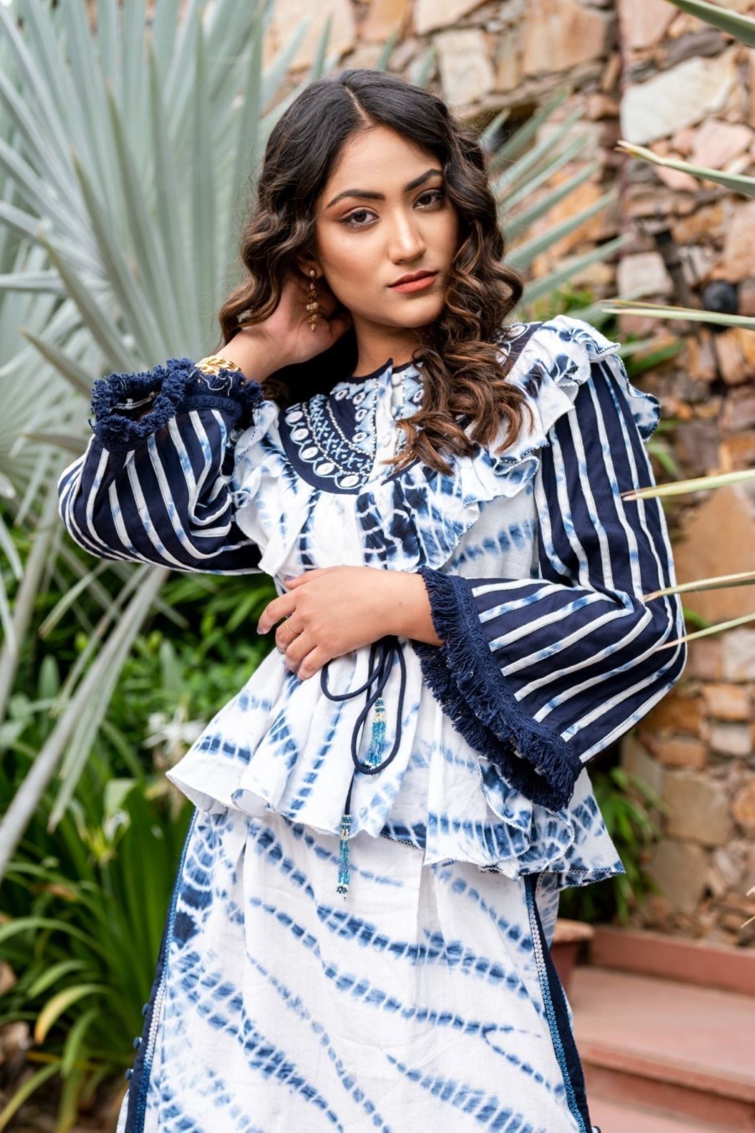 Stylish Blue Dress Featuring Bell Sleeves Cord Set