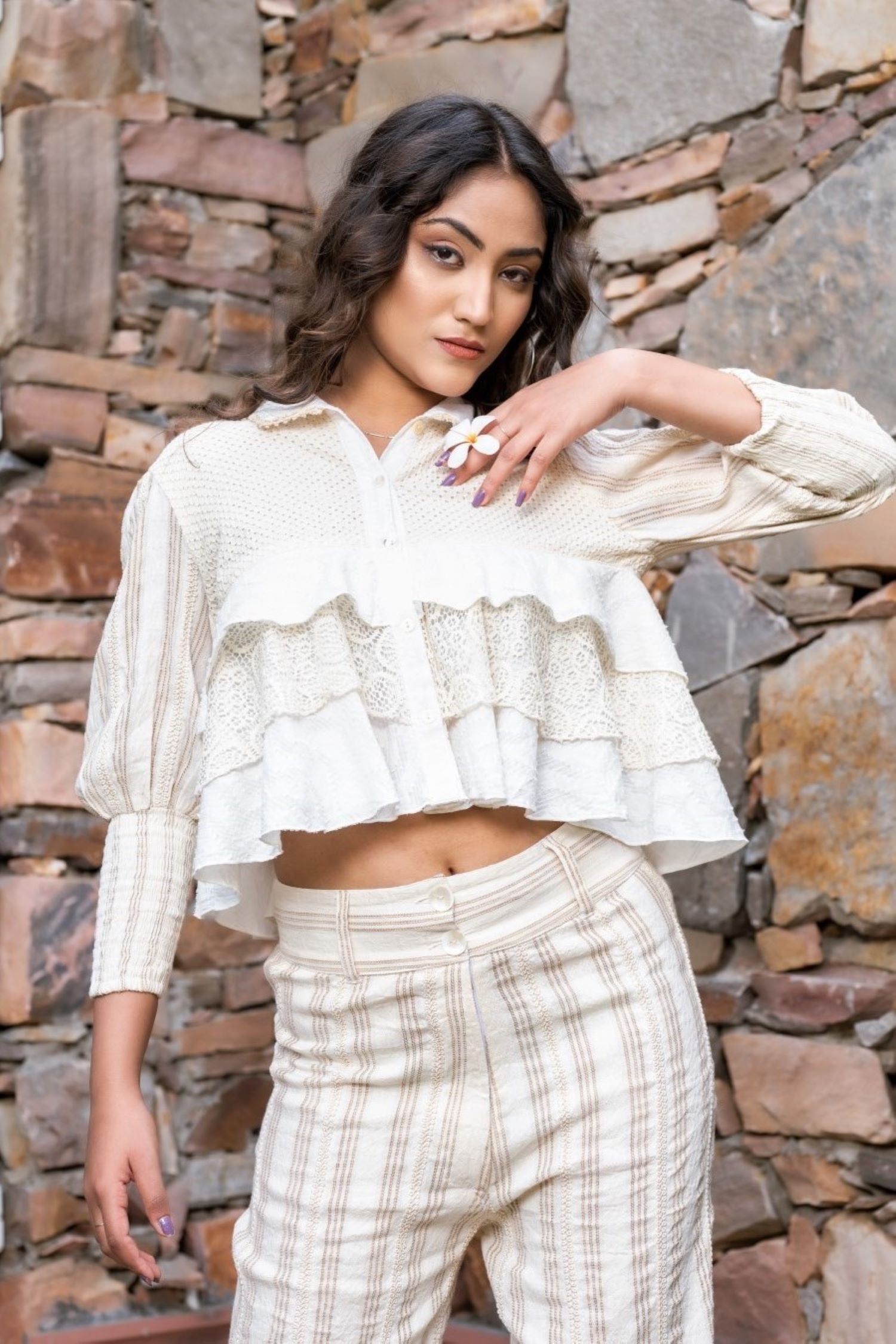 Sleek Cream Cord Set with Fashionable Crop Top