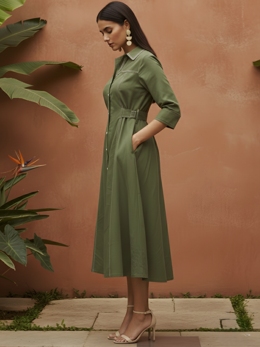 Olive Green Solid Denim Dress