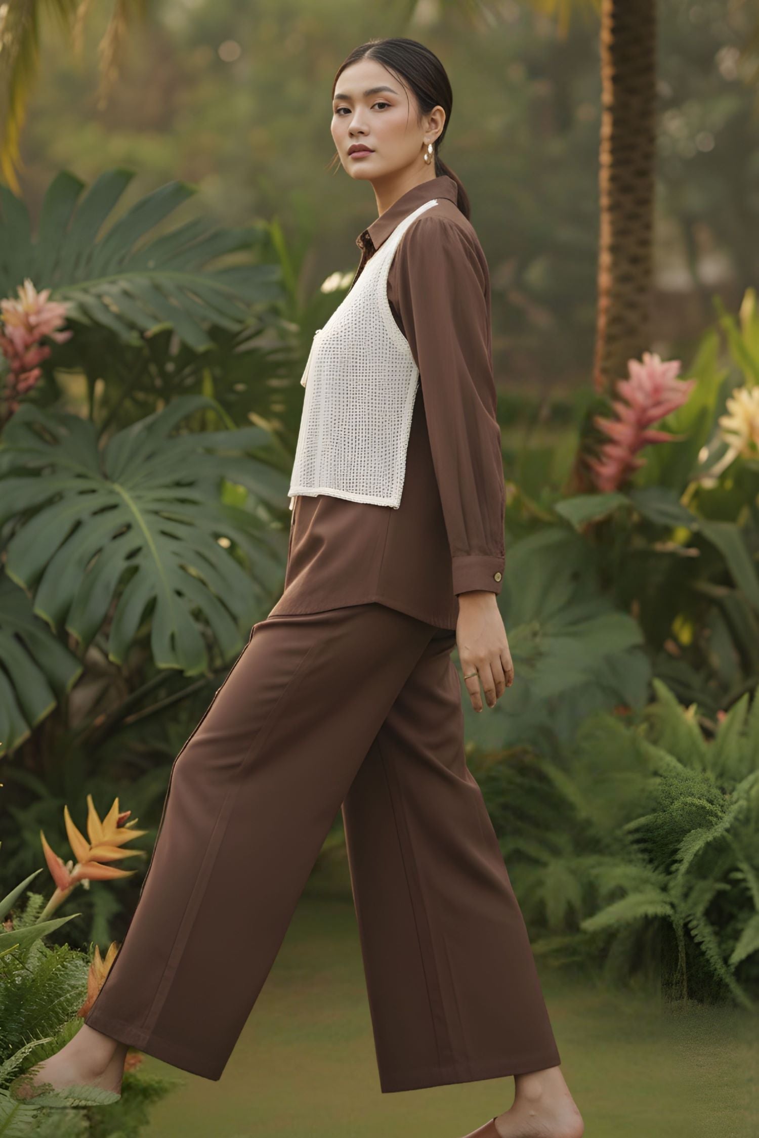 Relaxed Cord Set: Coffee Brown Shirt, Knitted Shrug & Wide Relaxed Bottom.