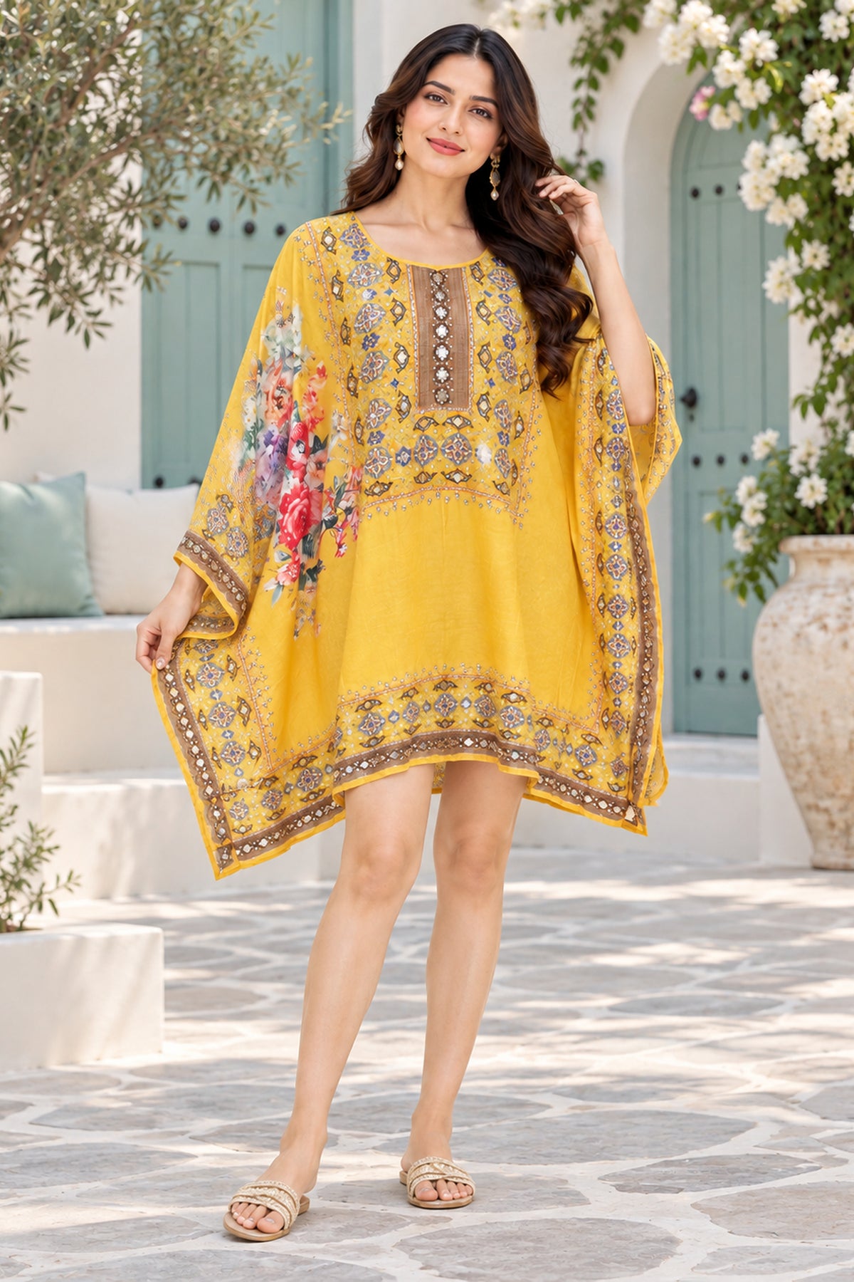 Yellow Printed Kaftan Dress