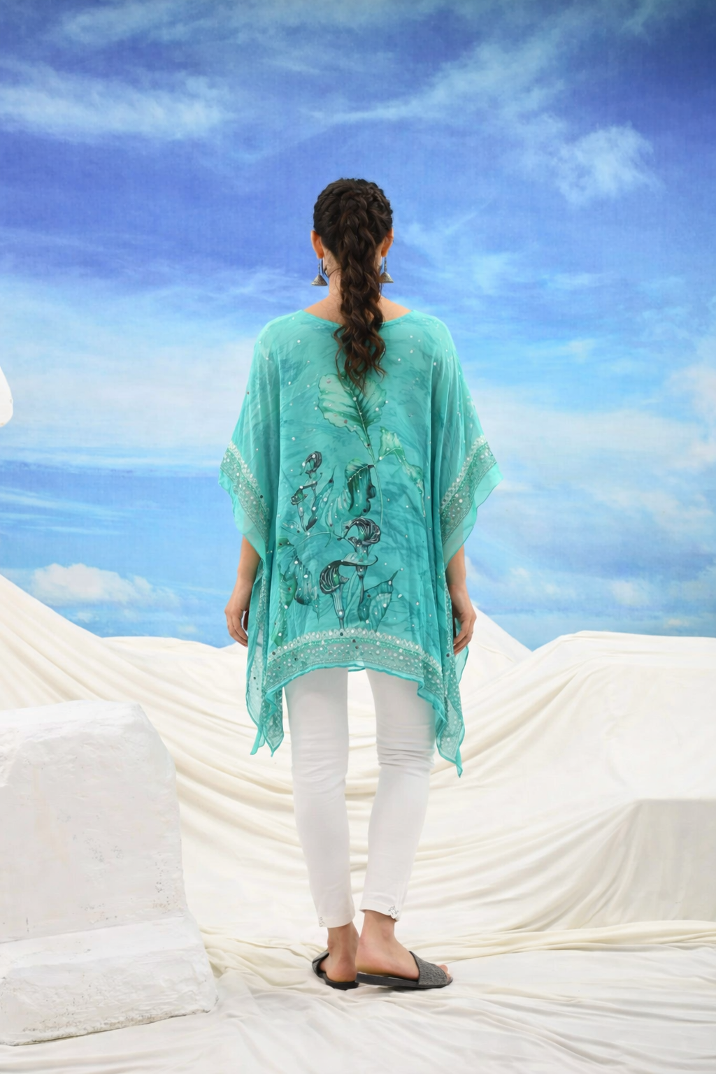 Turquoise Viscose Embroidered Kaftan Dress