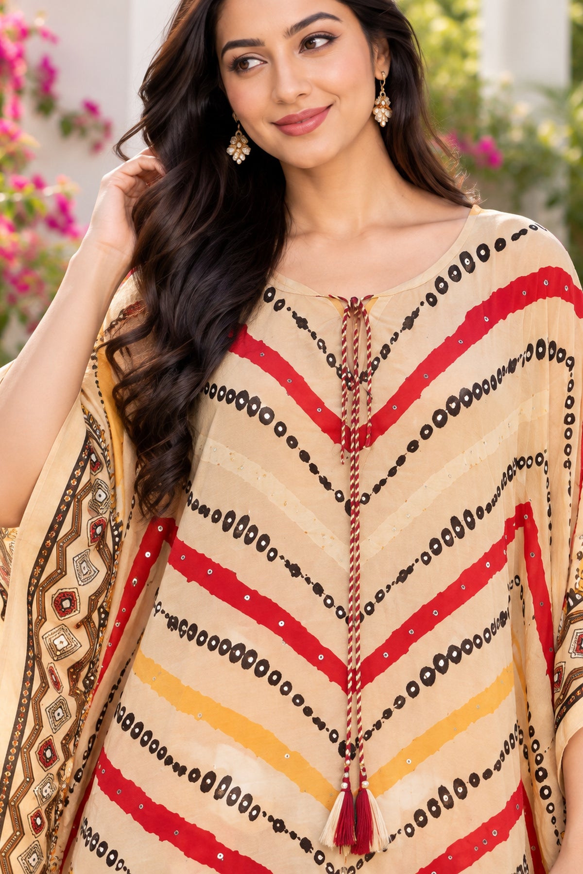 Cream Printed Kaftan Dress