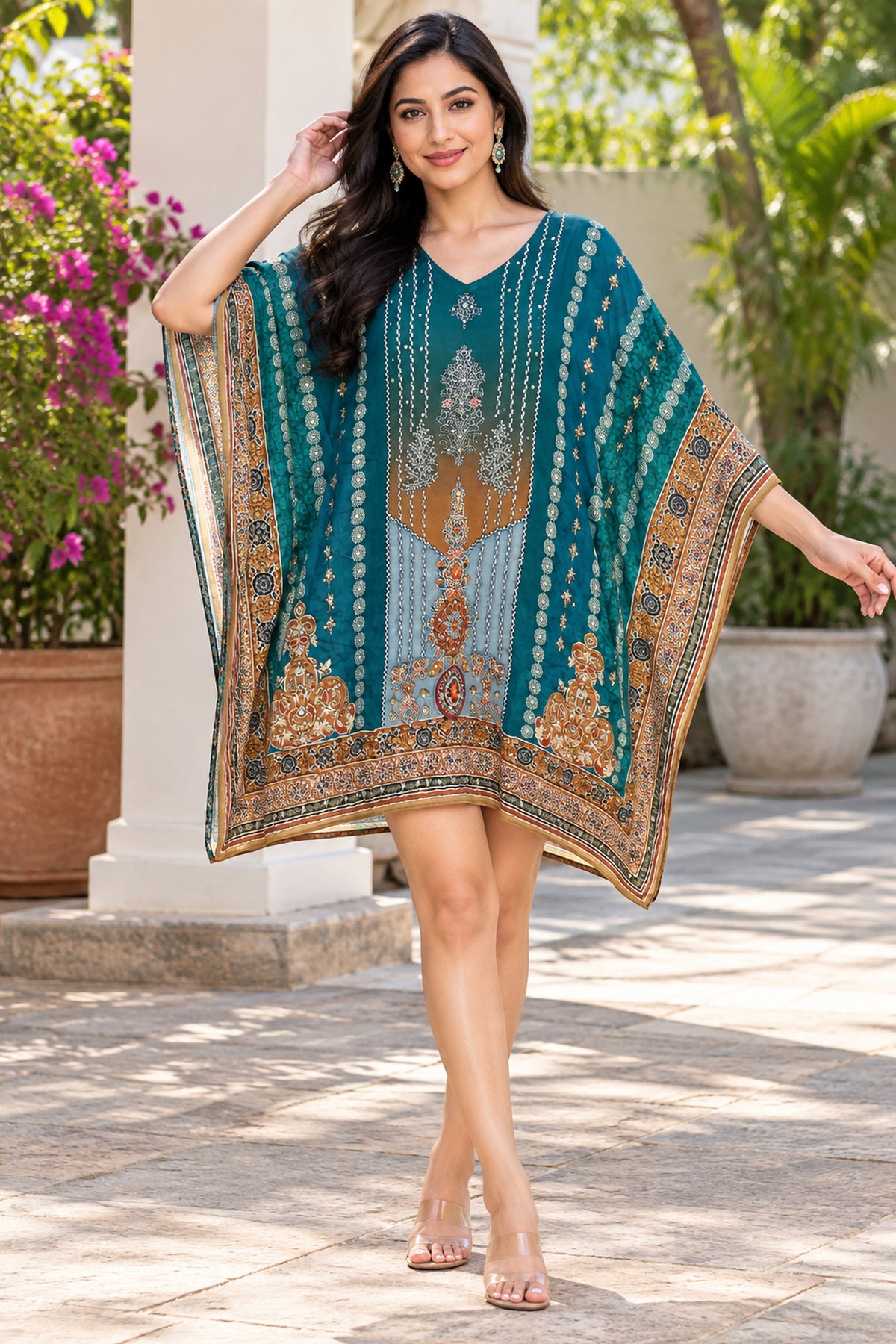 Green Polyester Floral Print Kaftan