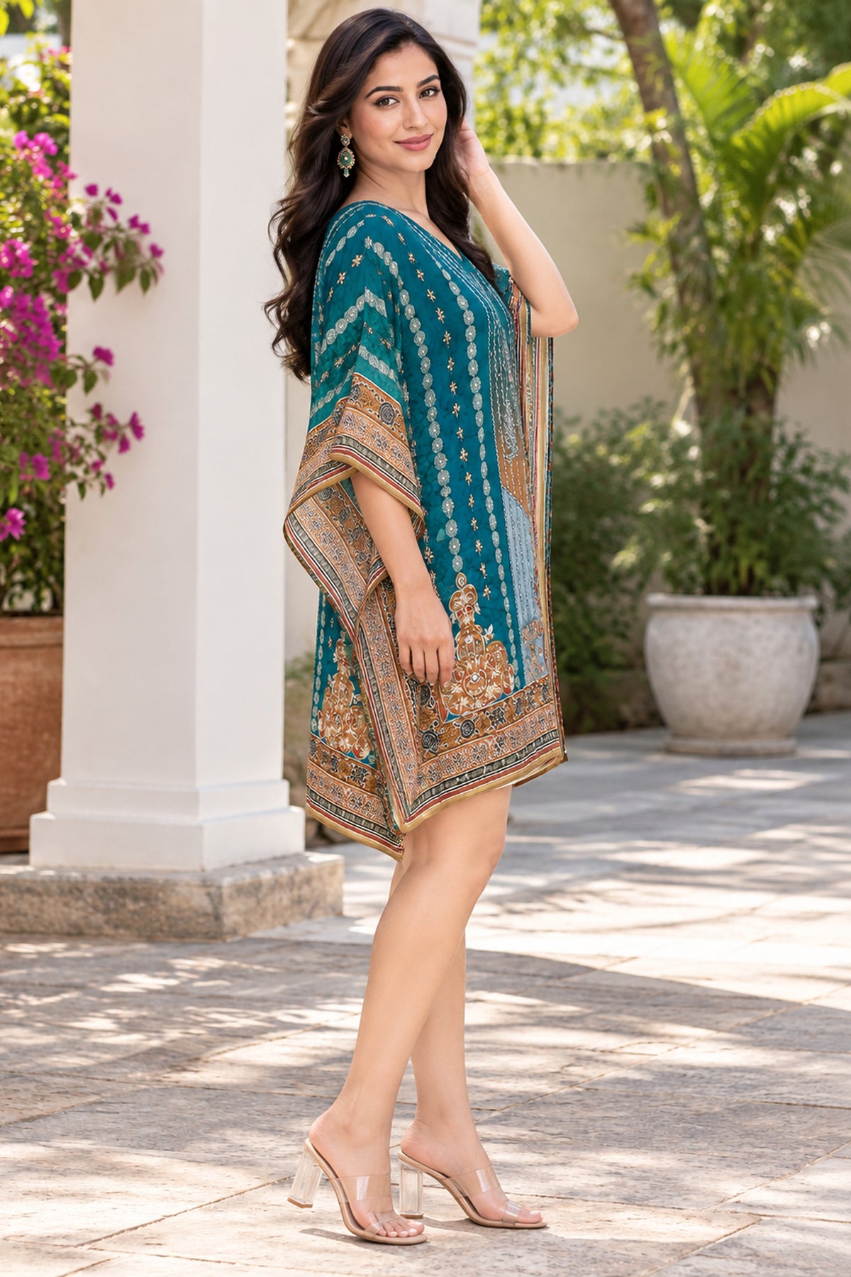 Green Polyester Floral Print Kaftan
