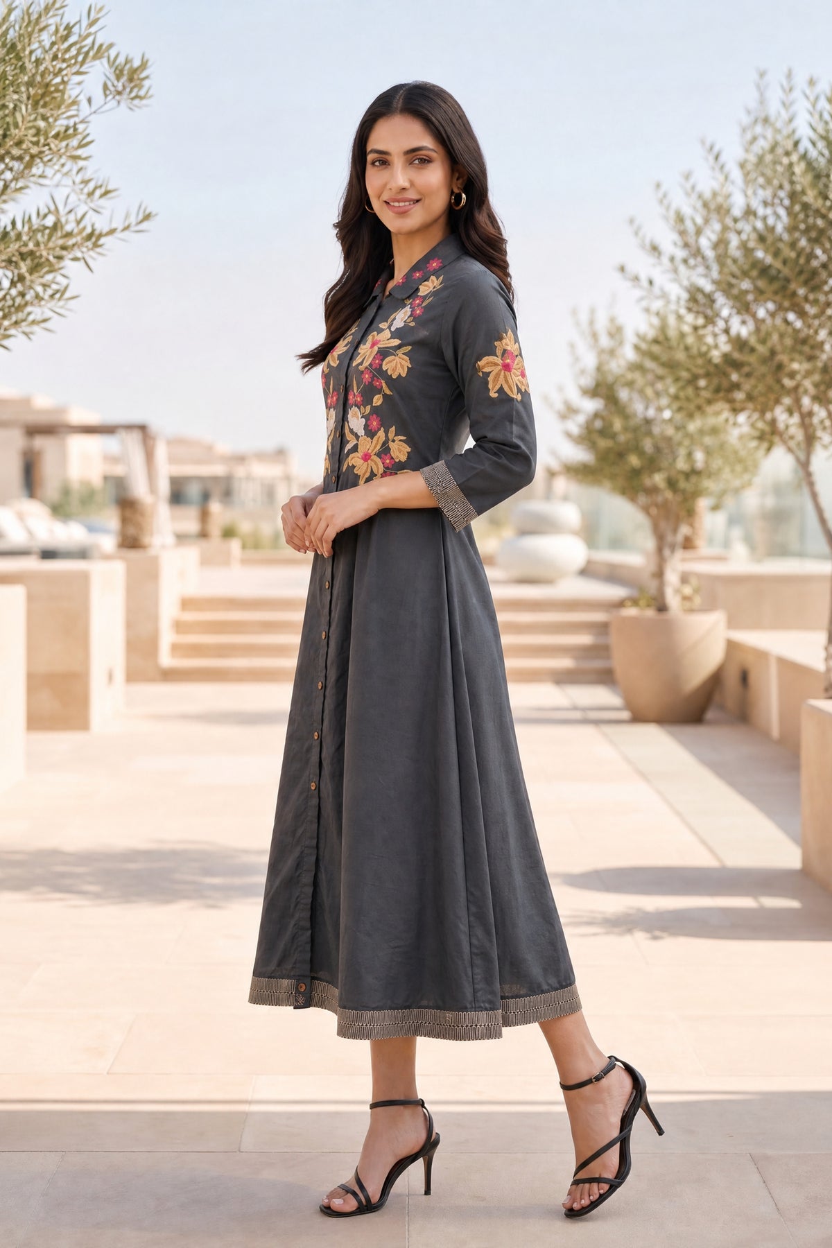 Grey Embroidered Long Dress with A-Line Fit