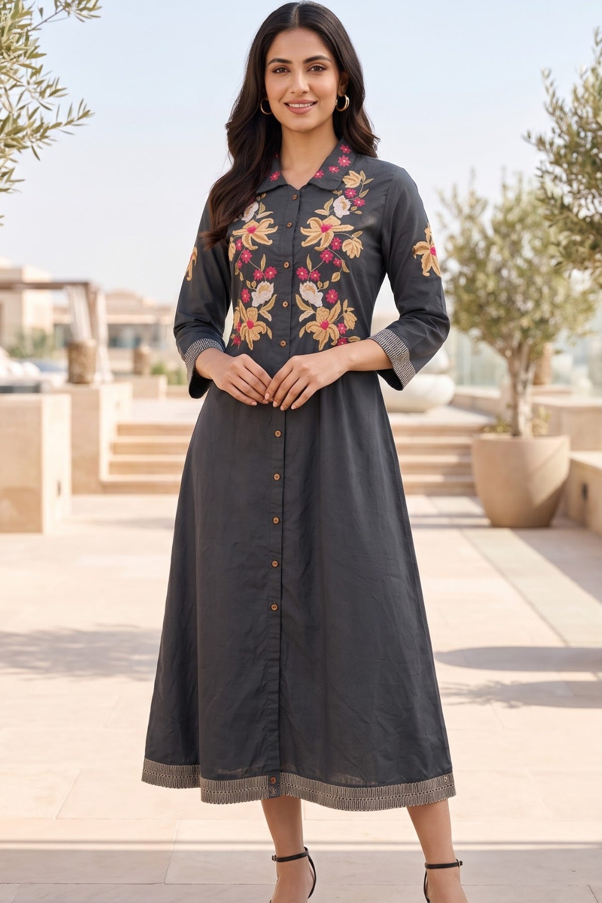 Grey Embroidered Long Dress with A-Line Fit