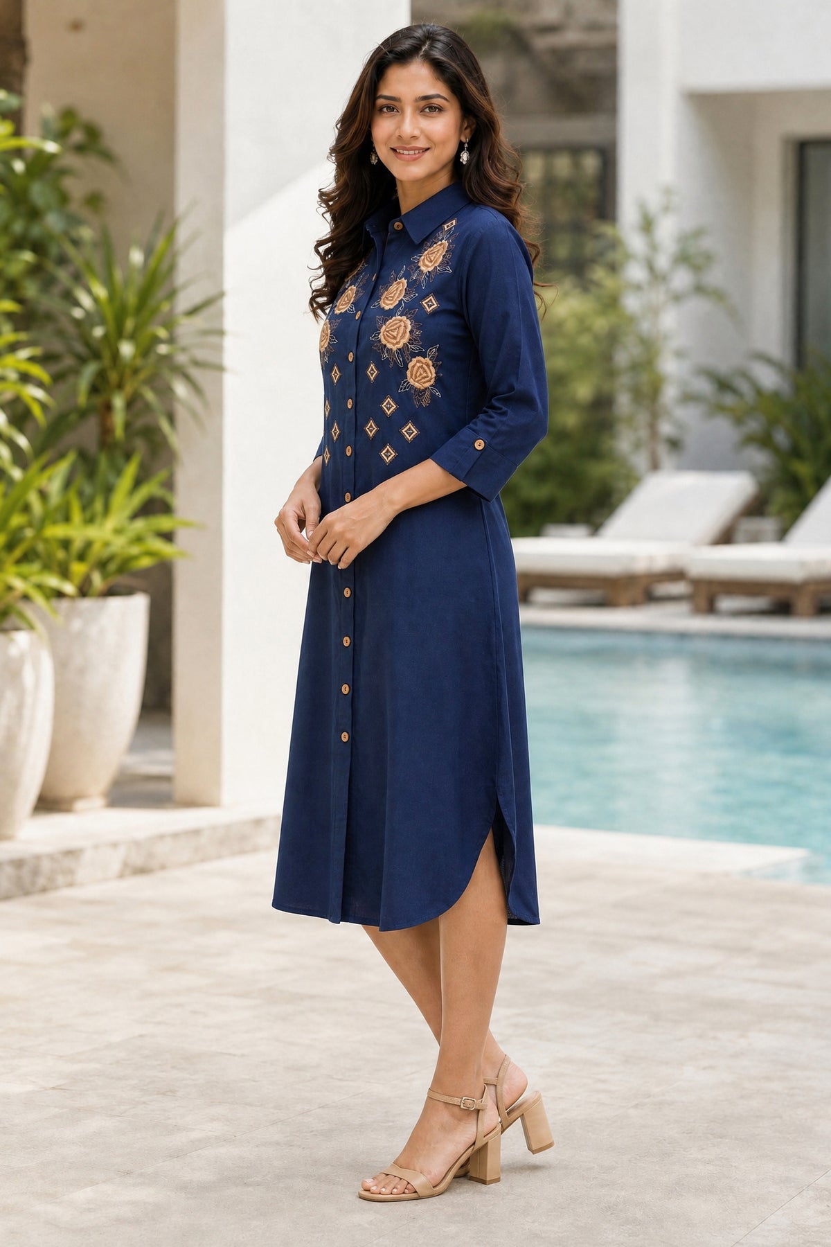 Navy Blue Floral Embroidered Cotton Dresses