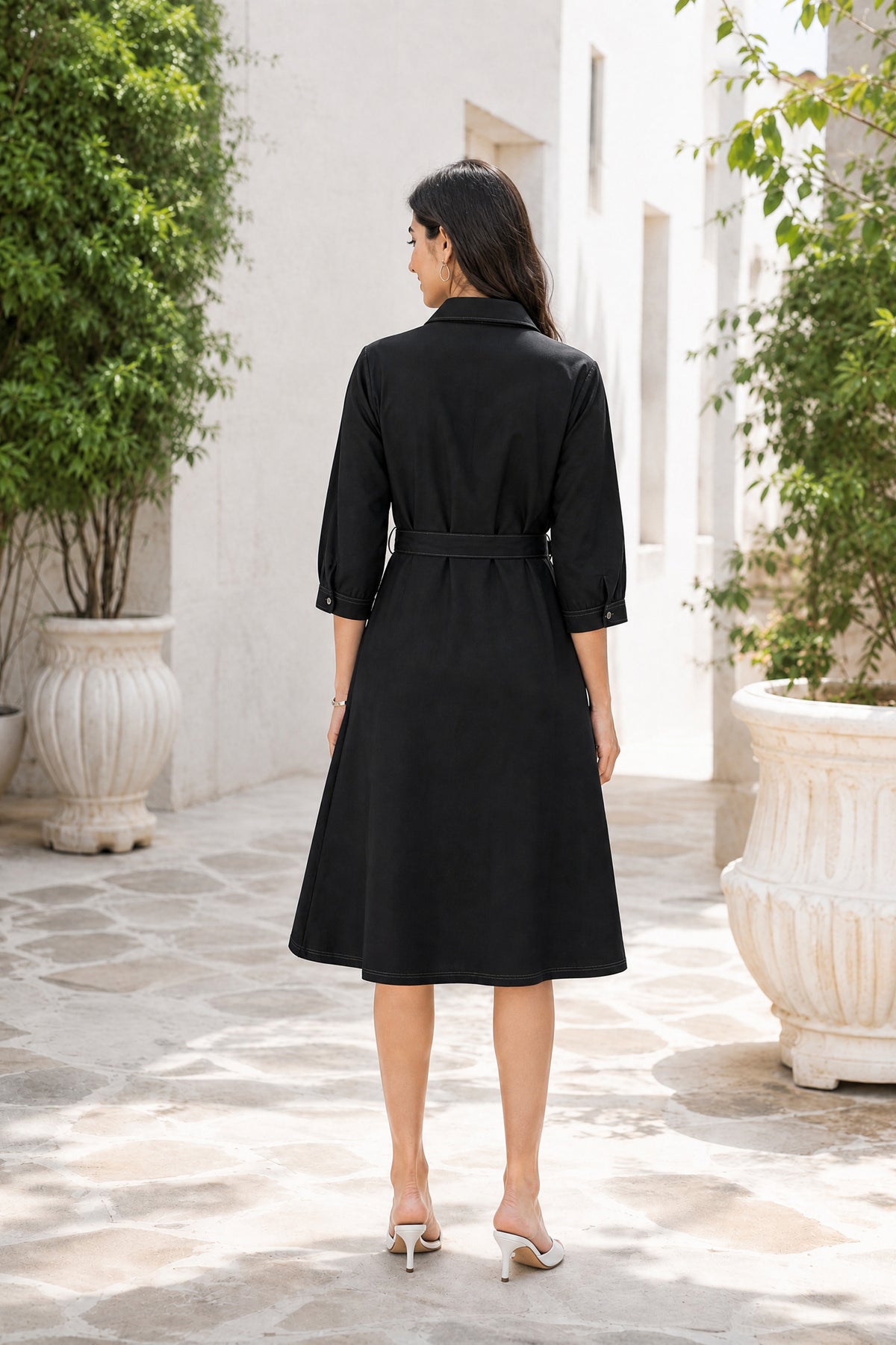 Black  cotton Dress with White Floral Embroidery