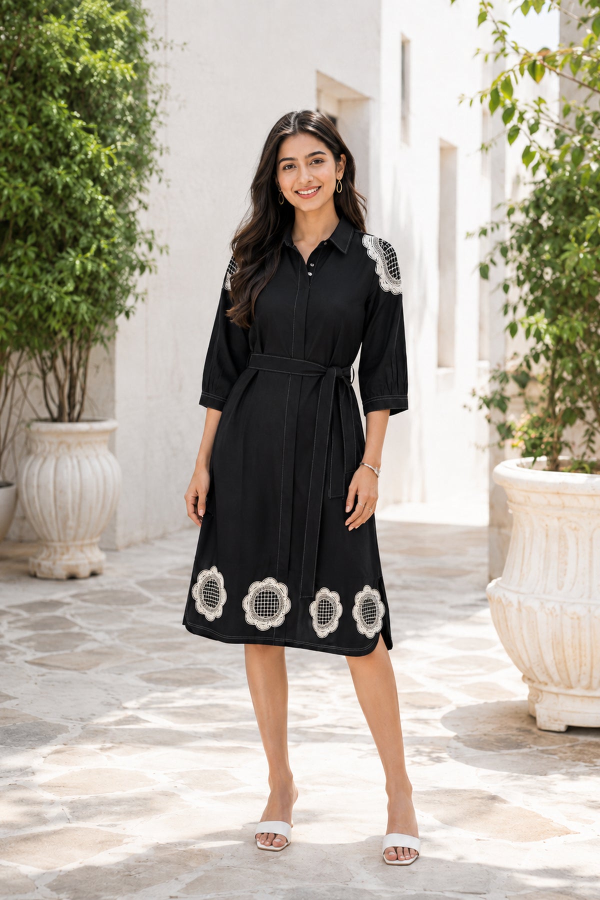 Black  cotton Dress with White Floral Embroidery