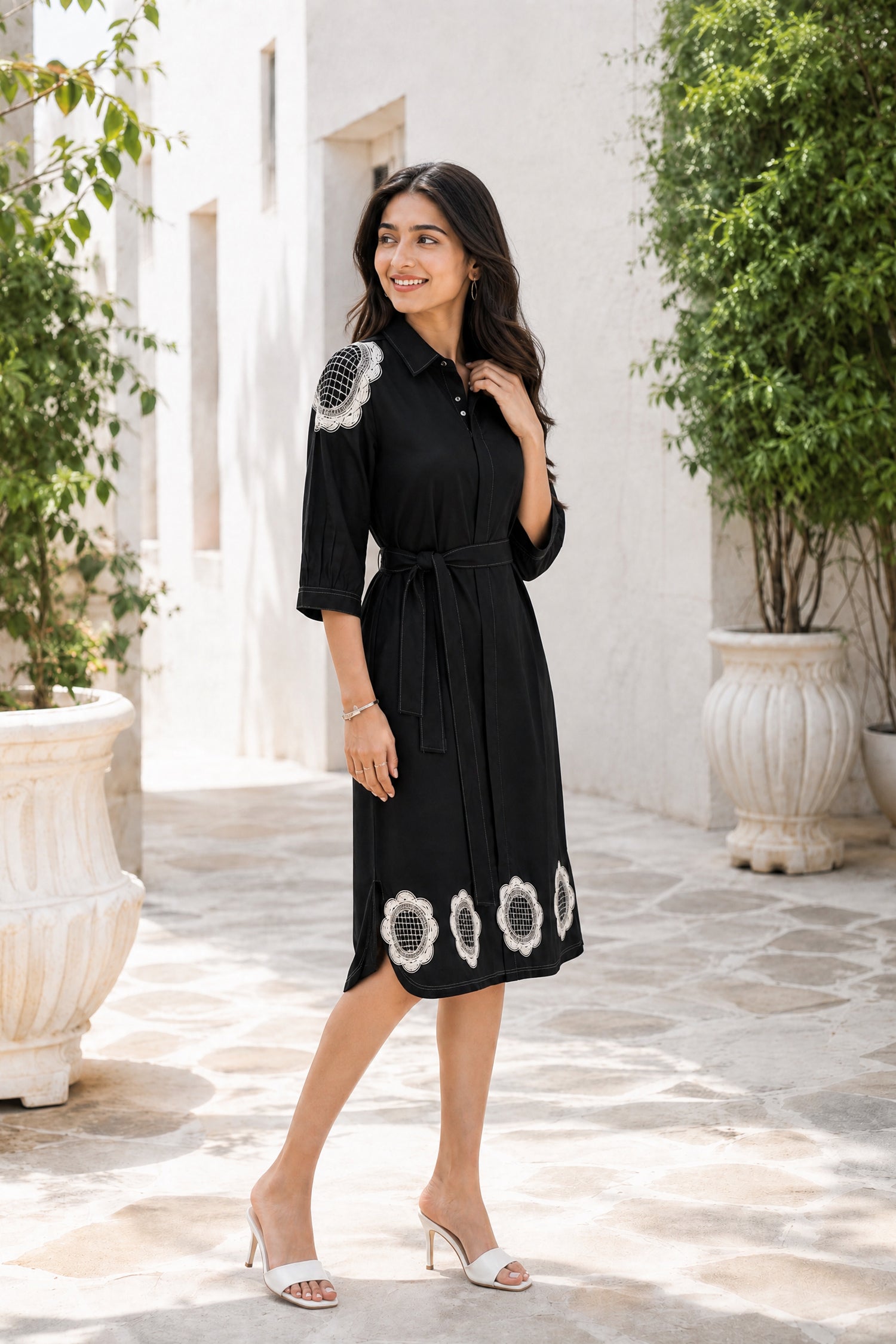 Black  cotton Dress with White Floral Embroidery