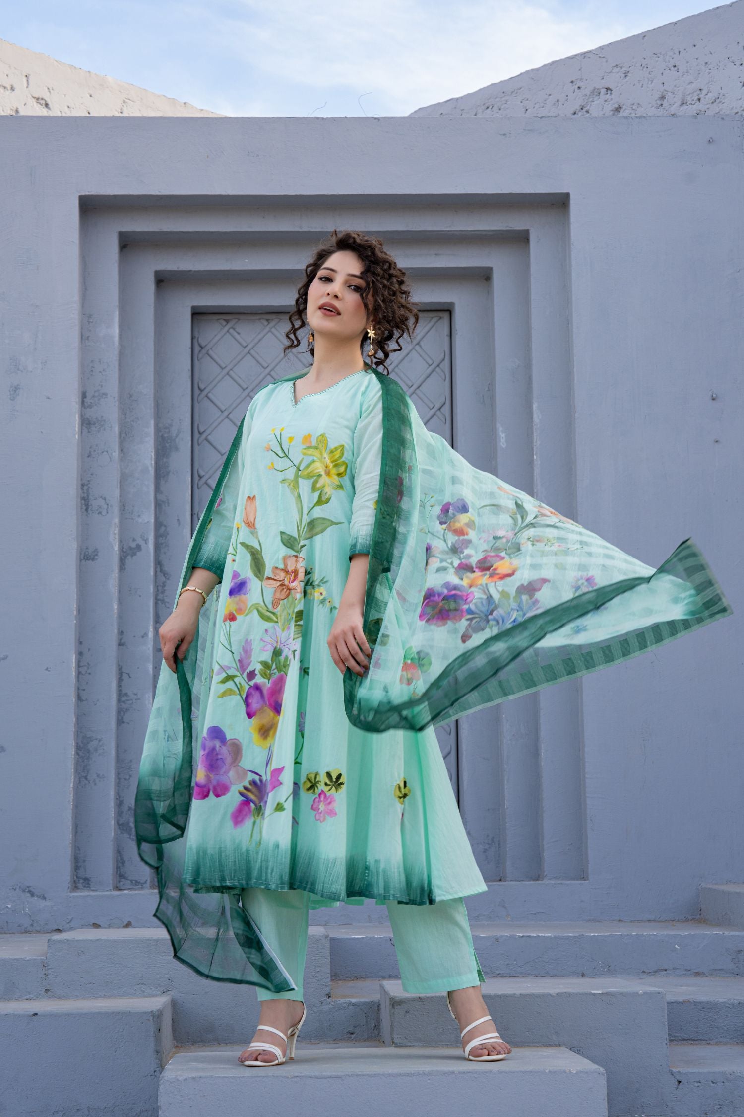 Green Petal Print Dupatta Set