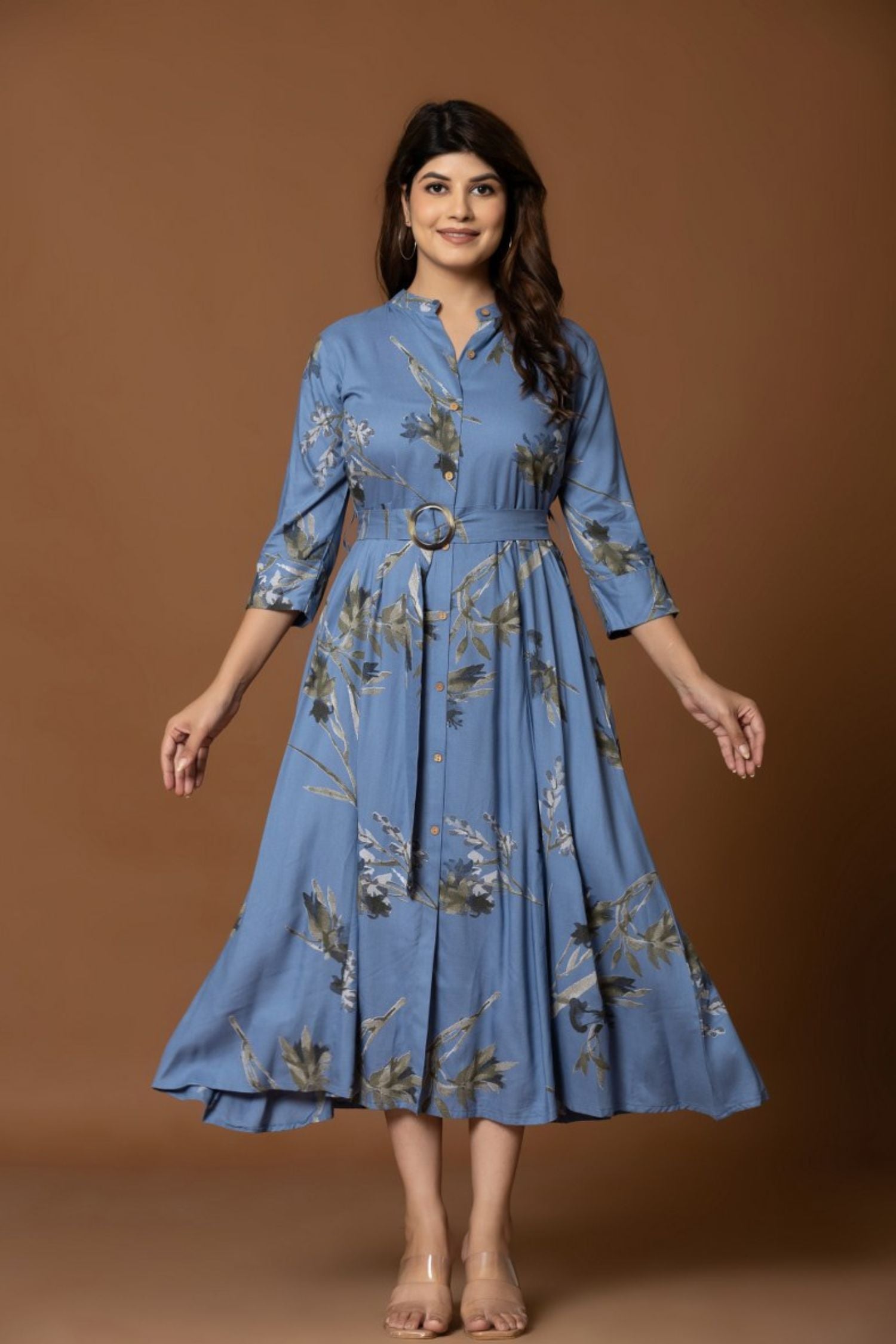 Long Blue Long Dress With Belt In Shirt Style