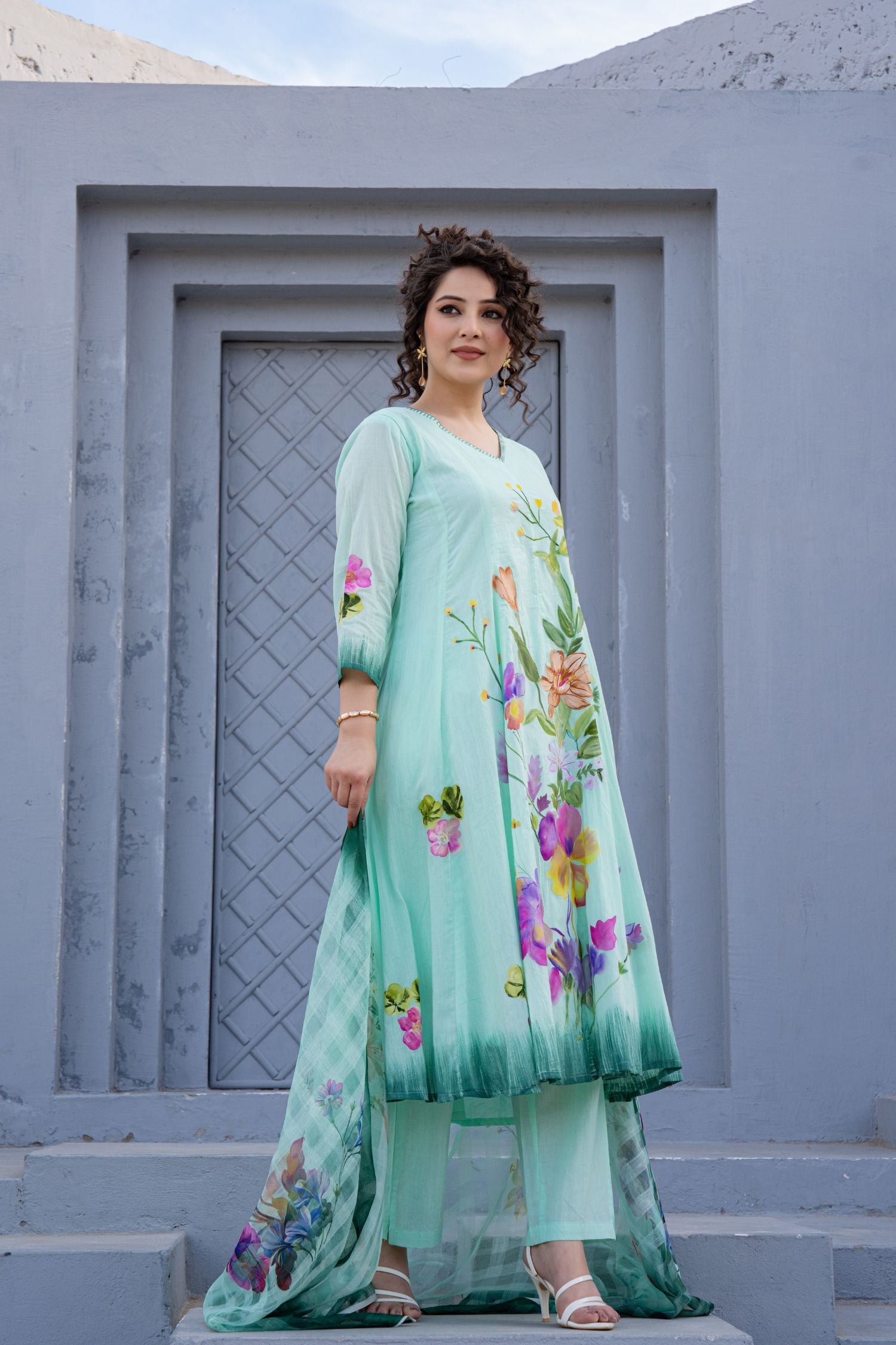 Green Petal Print Dupatta Set