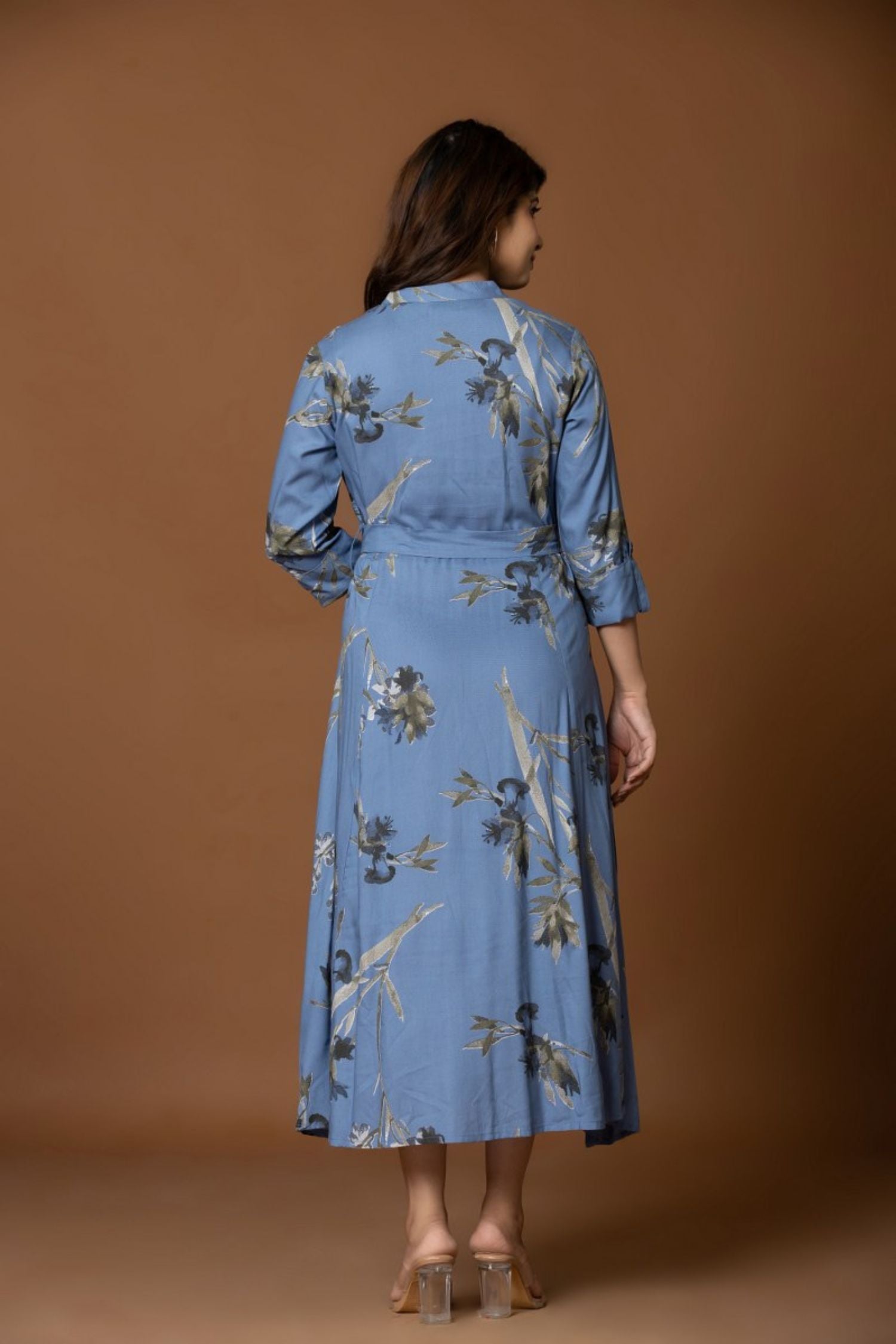 Long Blue Long Dress With Belt In Shirt Style
