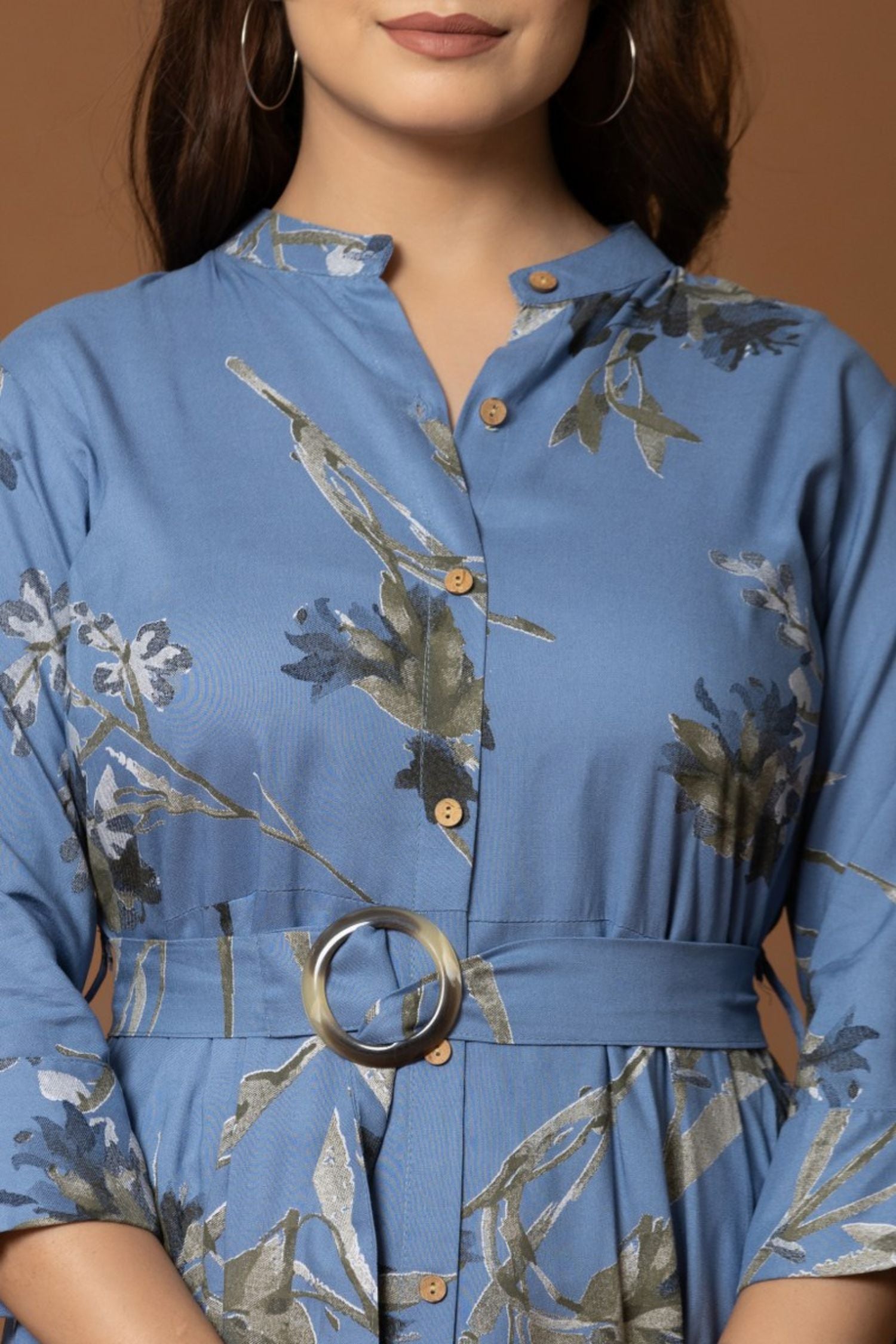 Long Blue Long Dress With Belt In Shirt Style