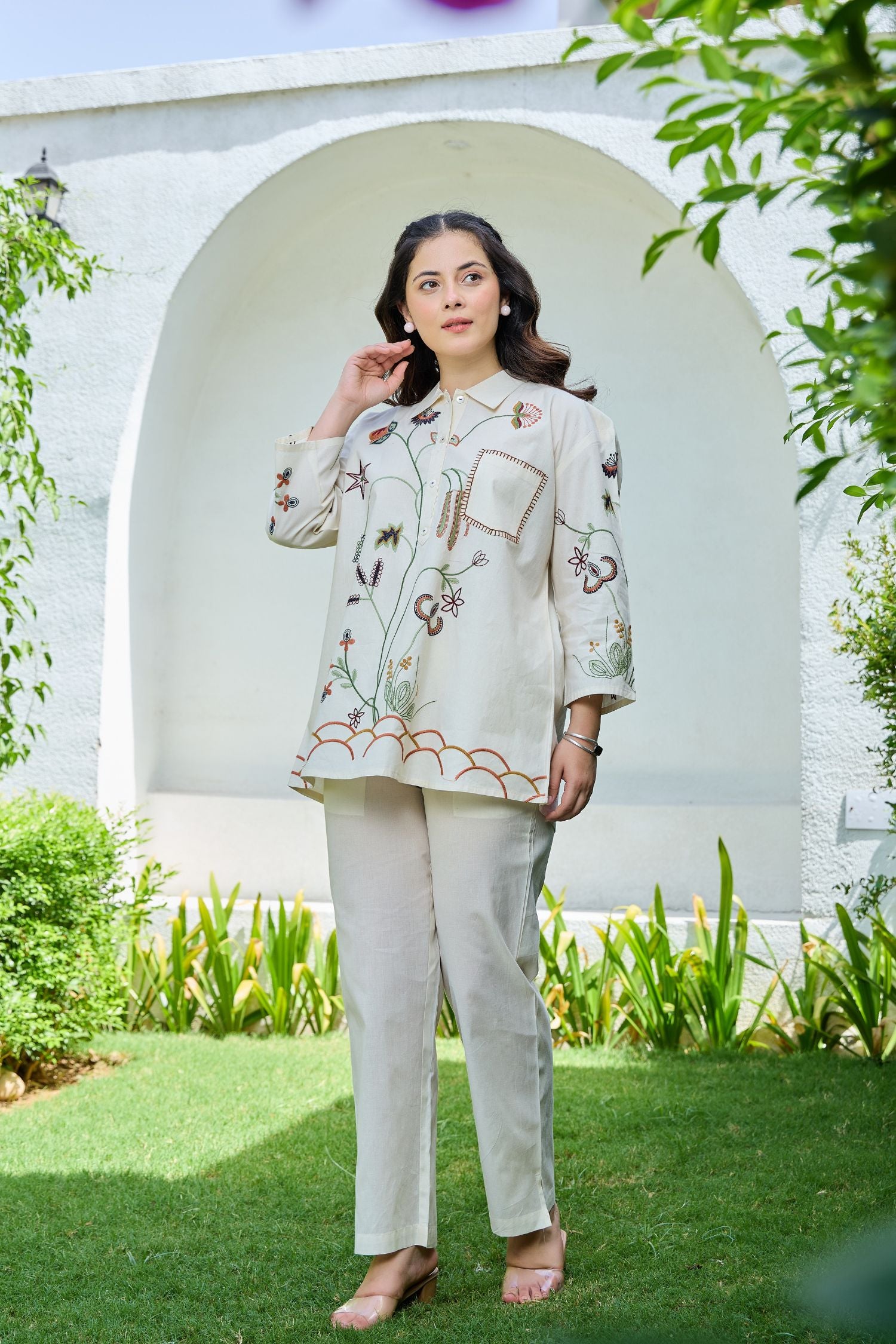 Floral Muse Hand-Embroidered Cotton Coord with Collar