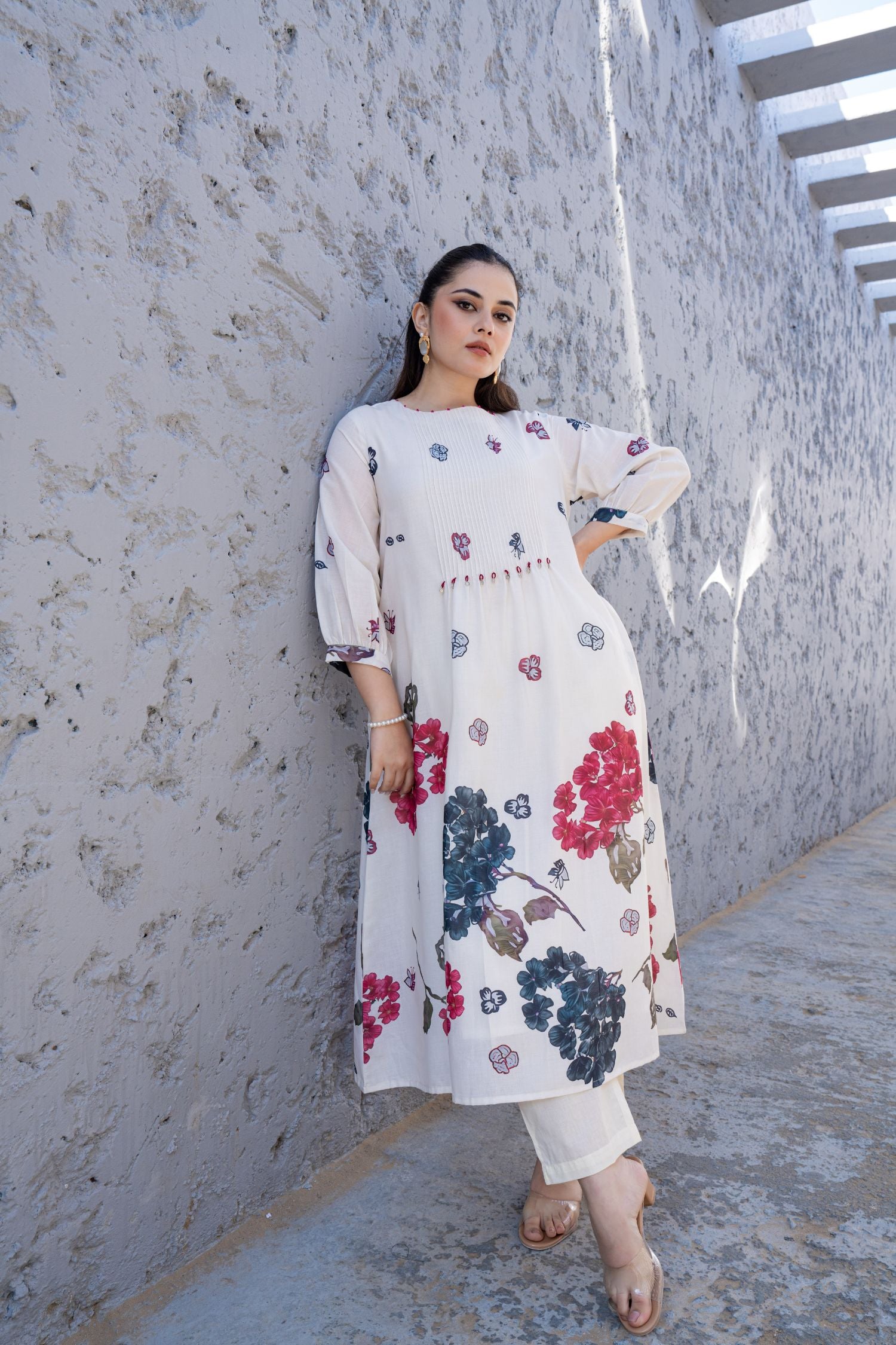 Soft Bloom Off-White Cord Set with Floral Prints