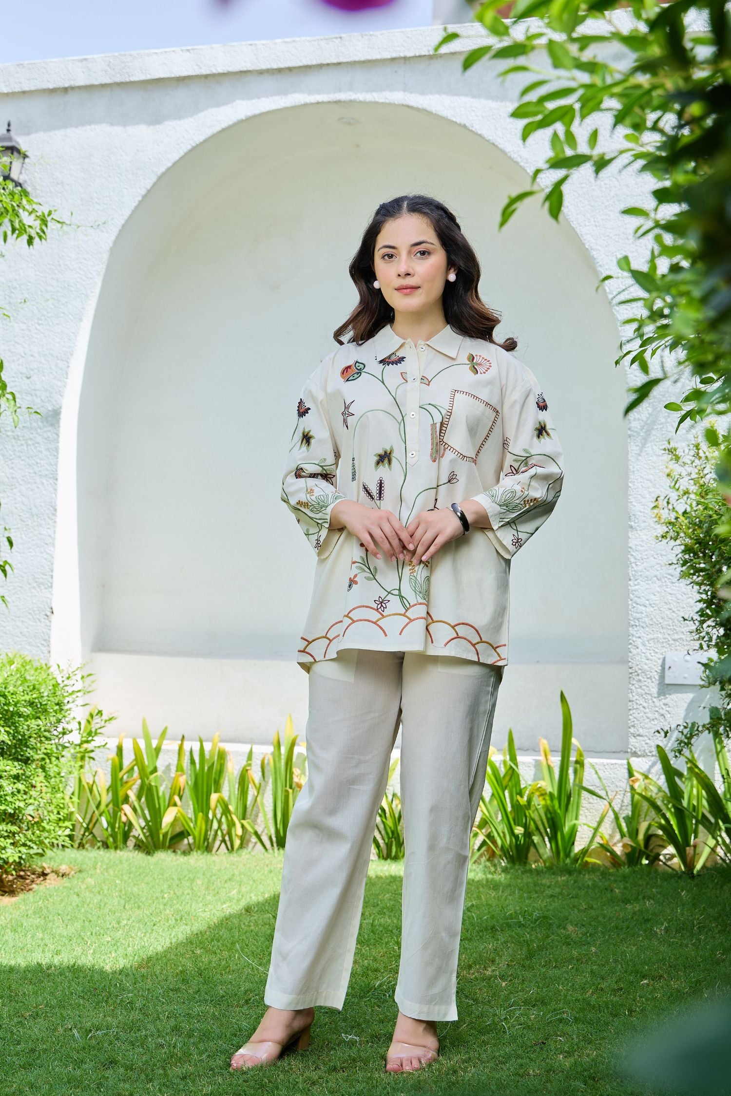 Floral Muse Hand-Embroidered Cotton Coord with Collar