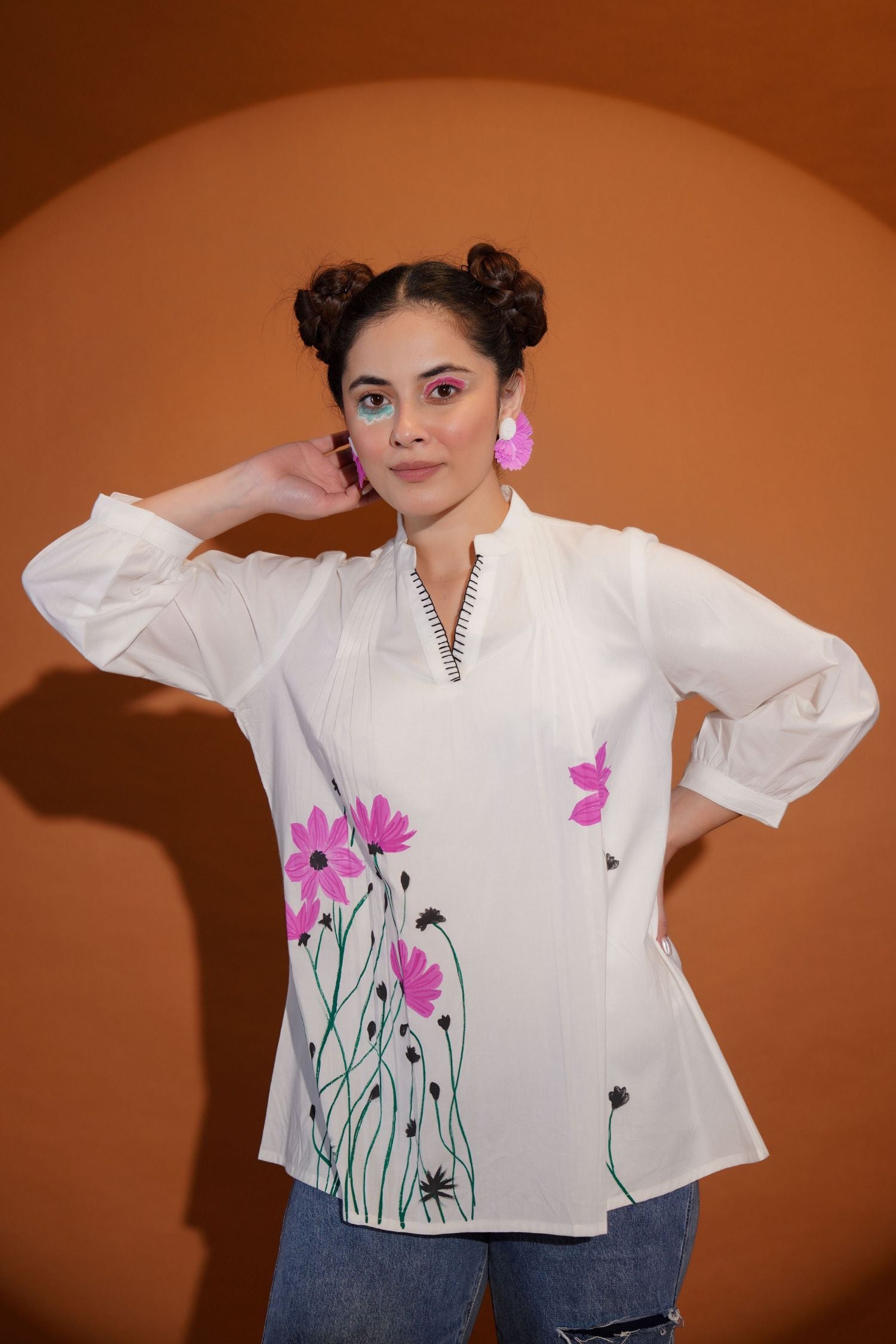 White Charm with Pink Blossoms Top