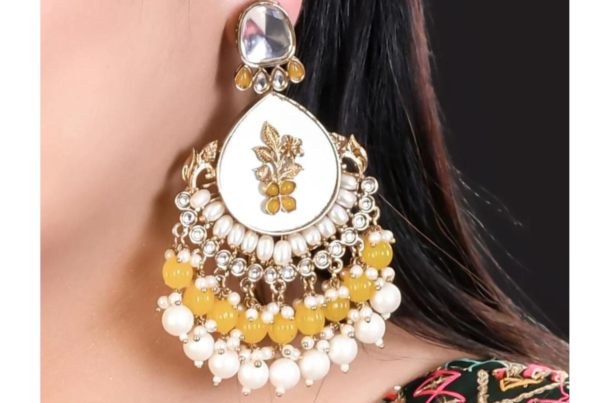 Yellow Light Weight Kundan & Pearl Chandbal 1 - Freyaa