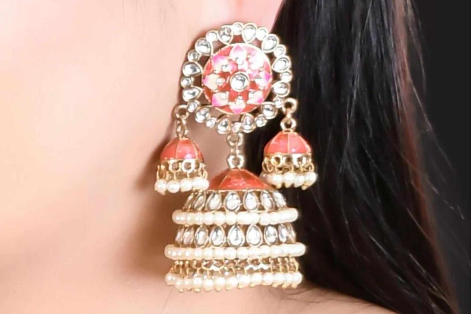 Kundan Meenakari Finish  Statement Jhumka Earrings