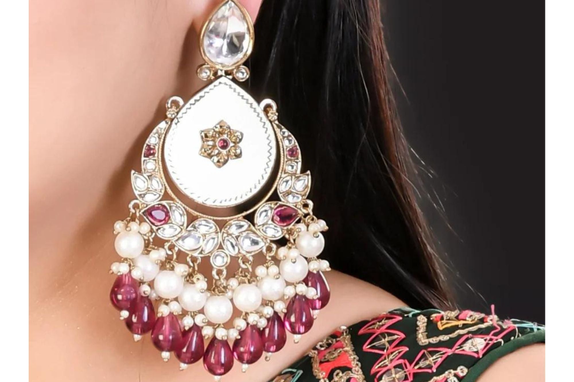 Purple Kundan & Pearl Chandbali Earring 2 - Freyaa