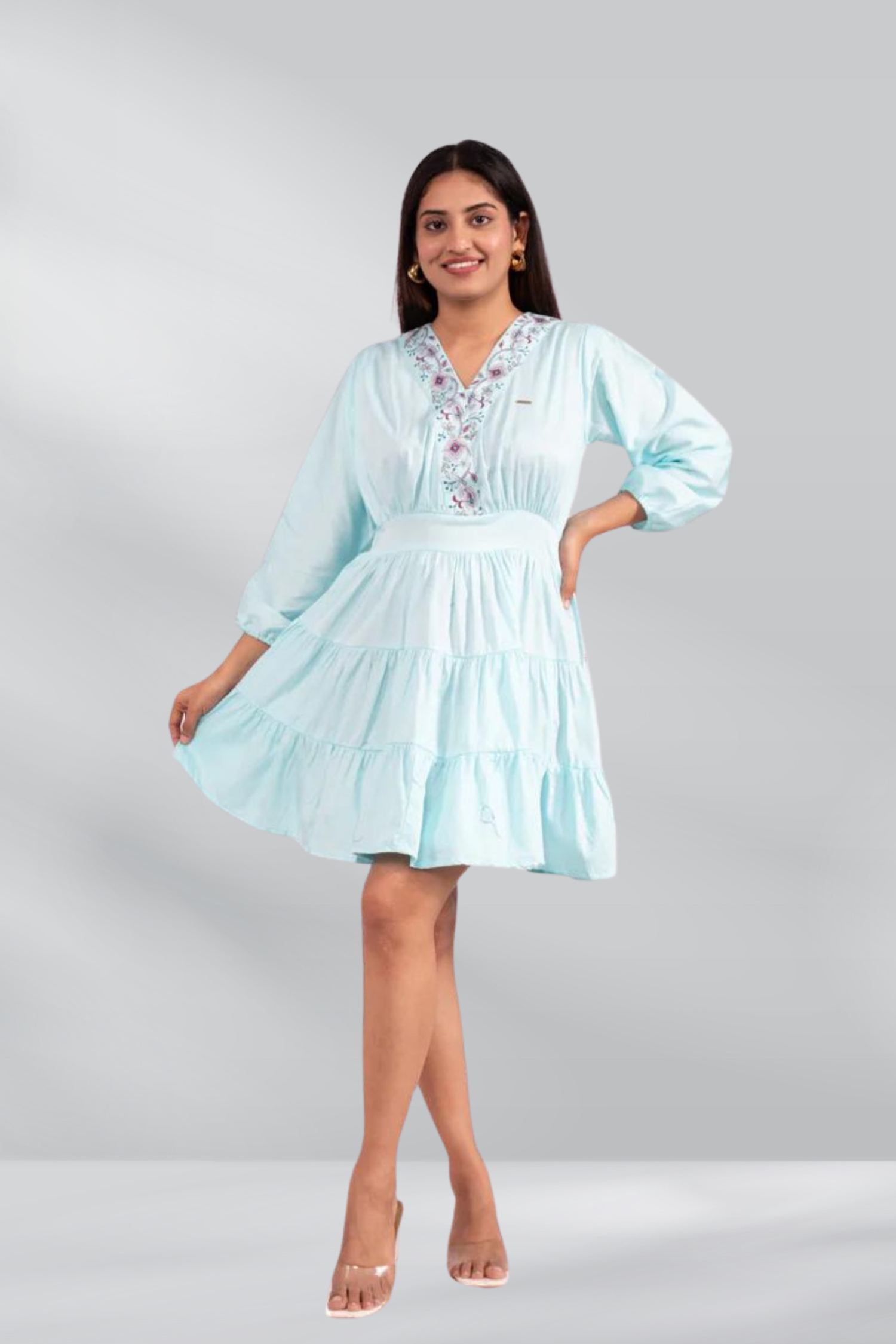 GAZI SILK V NECK EMBROIDERED TUNICS - SEA GREEN