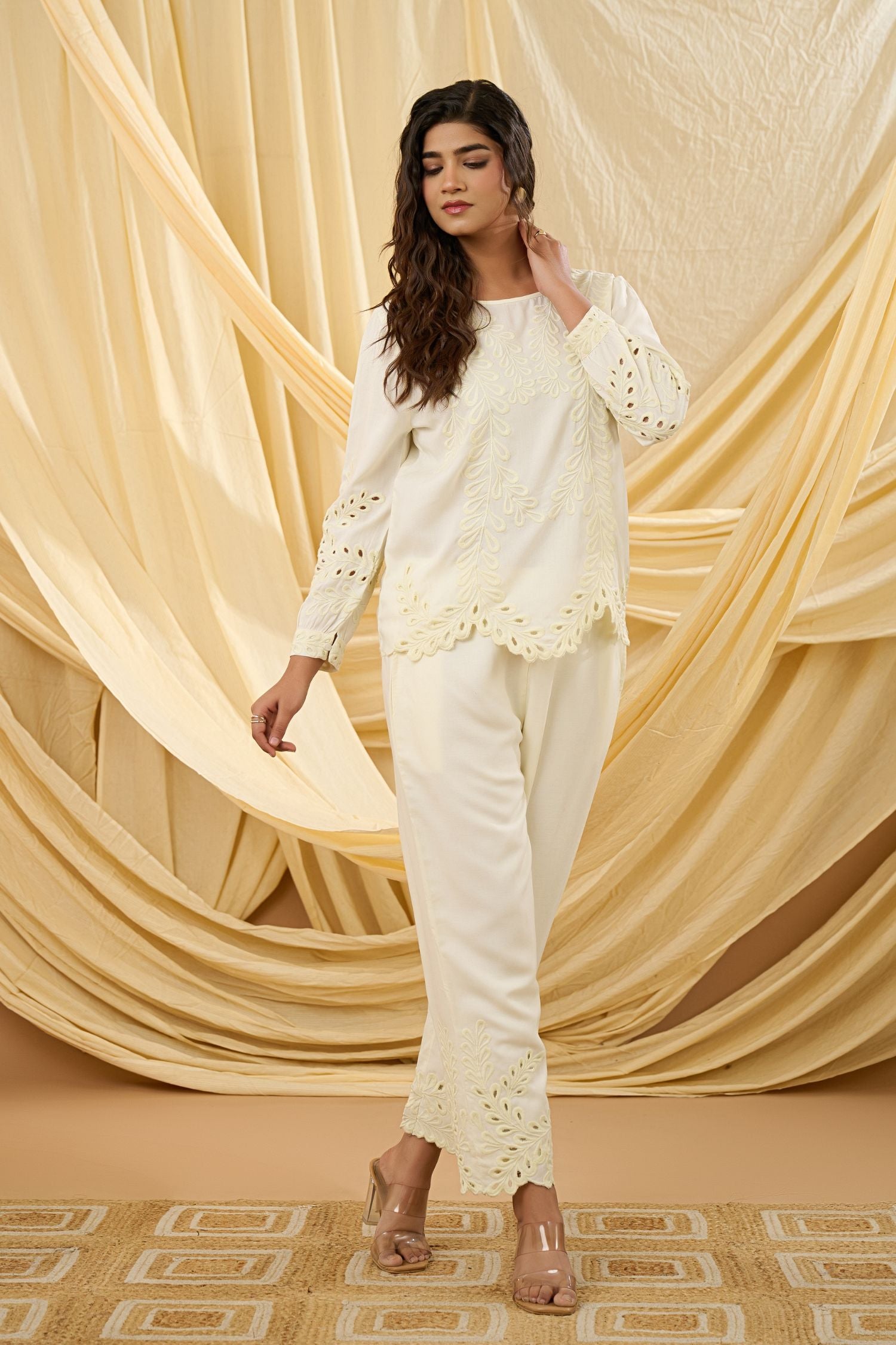 Chic Cream Cord Set with Beautiful Embroidery Details