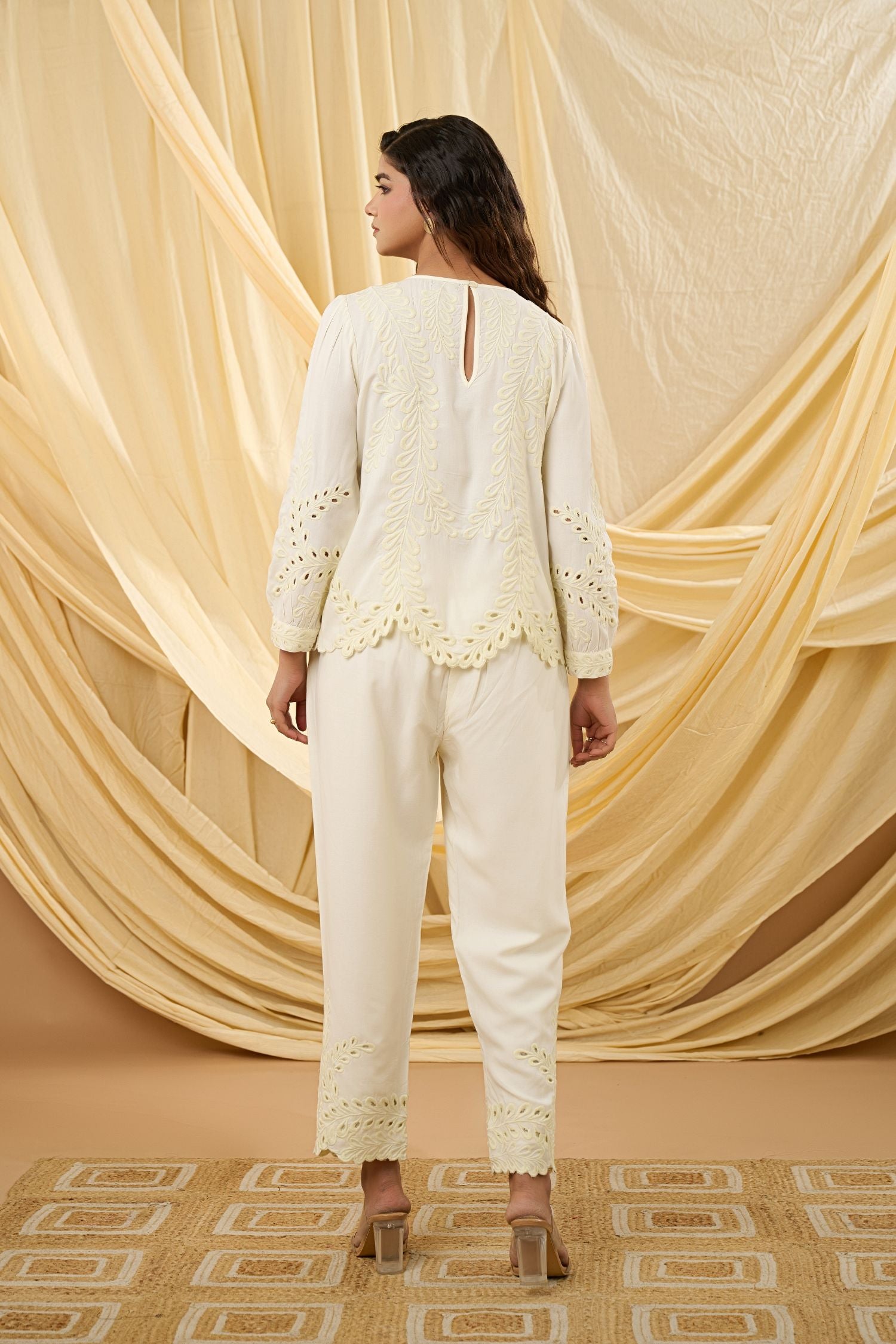 Chic Cream Cord Set with Beautiful Embroidery Details