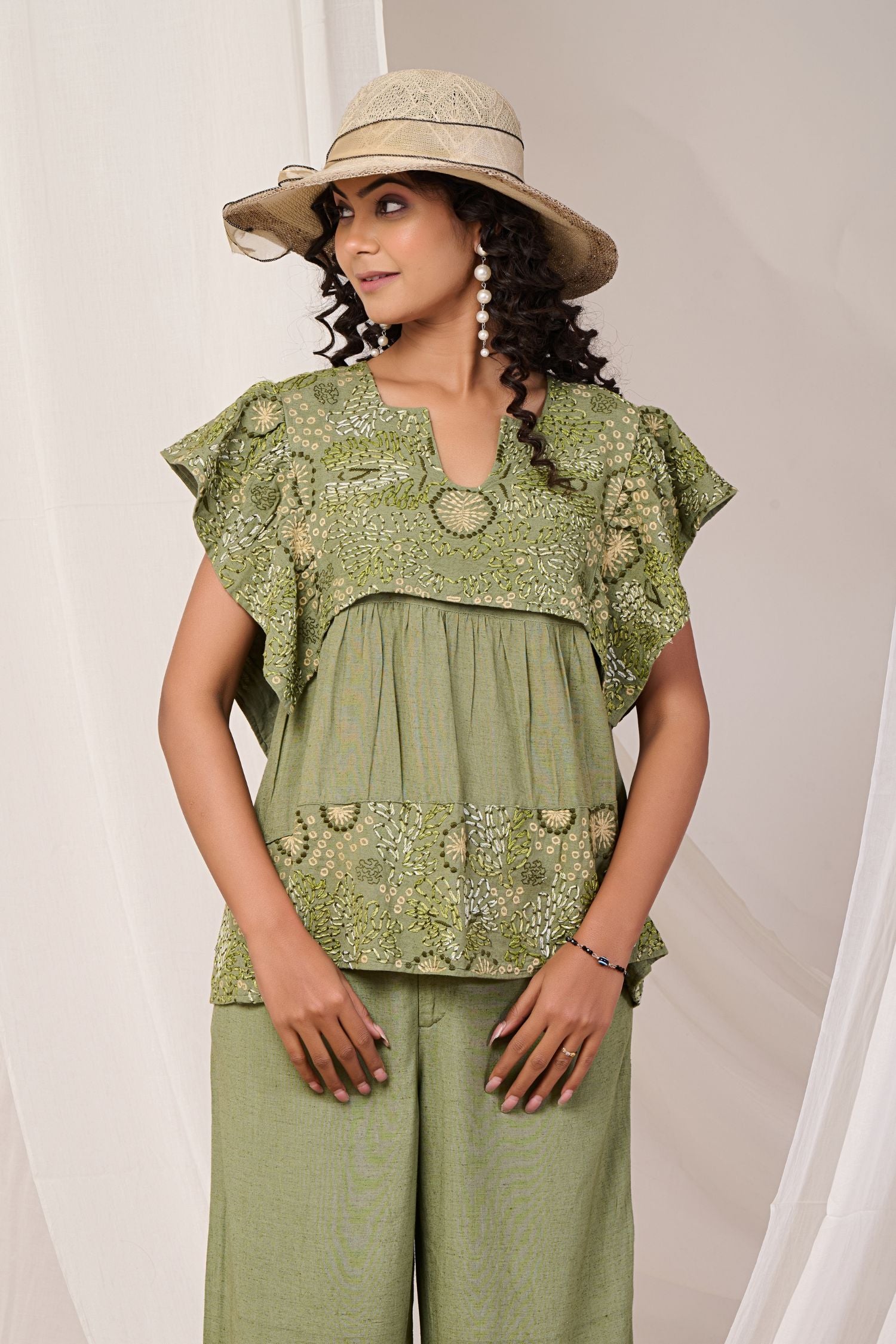 Emerald Elegance Embroidered Cord Set
