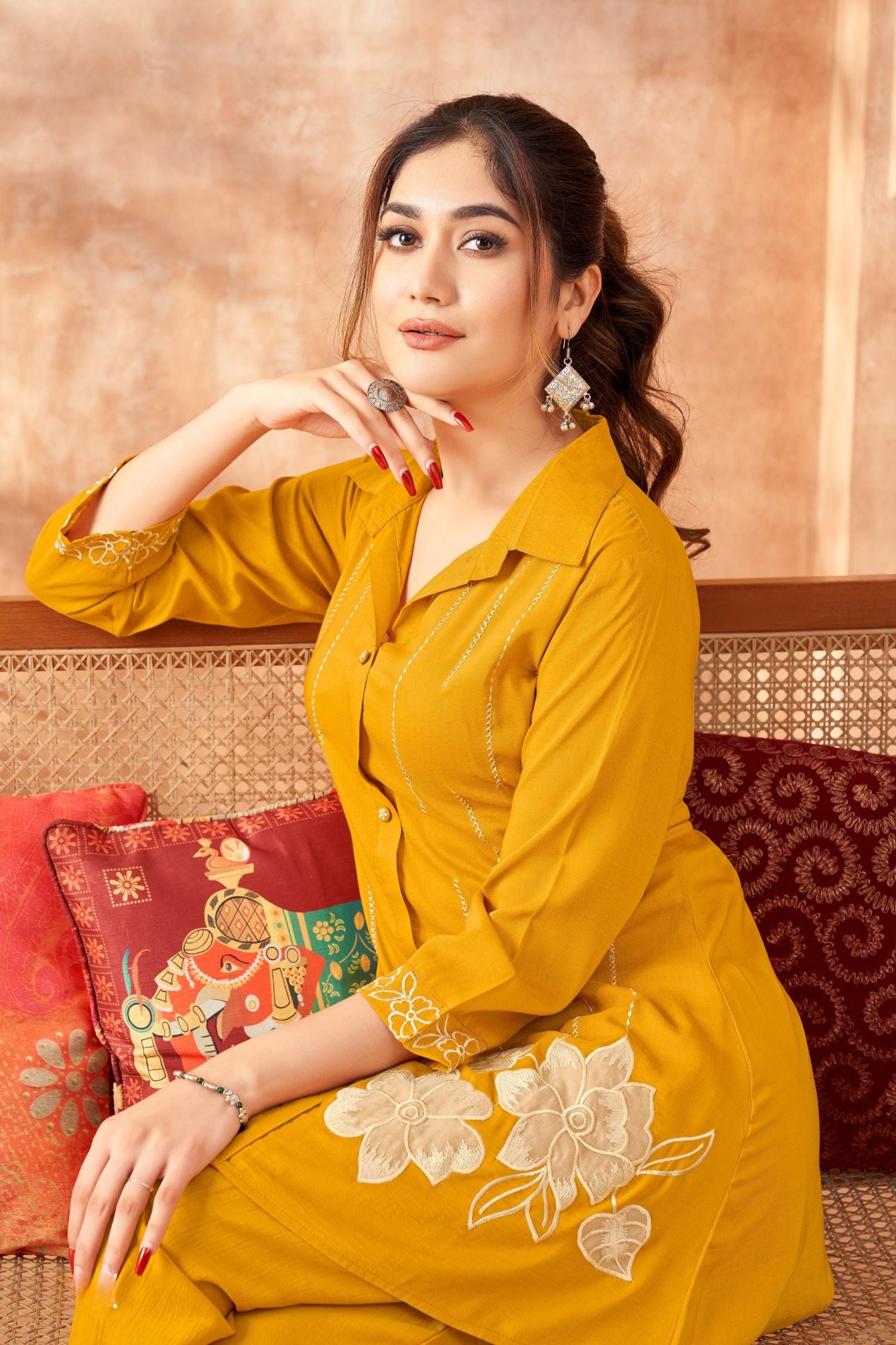 Vibrant Mustard Co-Ord Set Featuring Intricate Embroidery Work