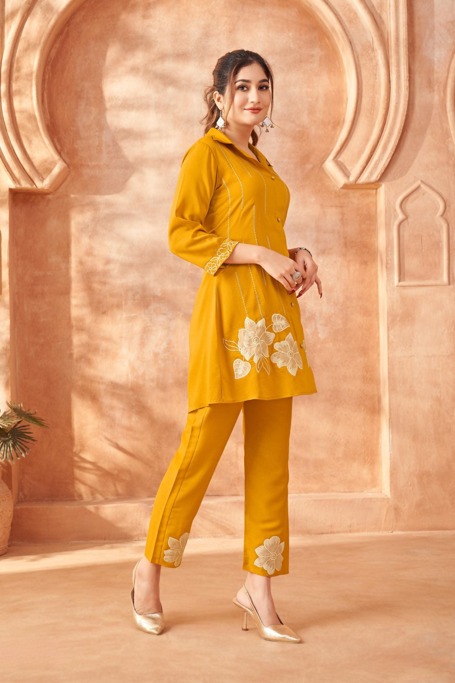 Vibrant Mustard Co-Ord Set Featuring Intricate Embroidery Work