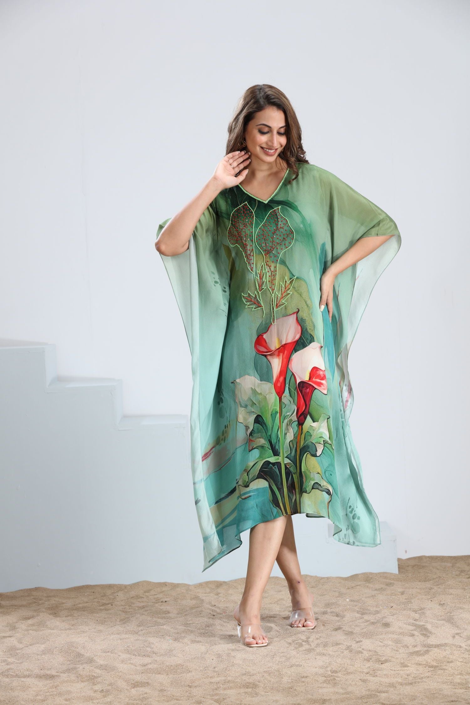 Viscose Chinon Kaftan in Green with Intricate Embroidery