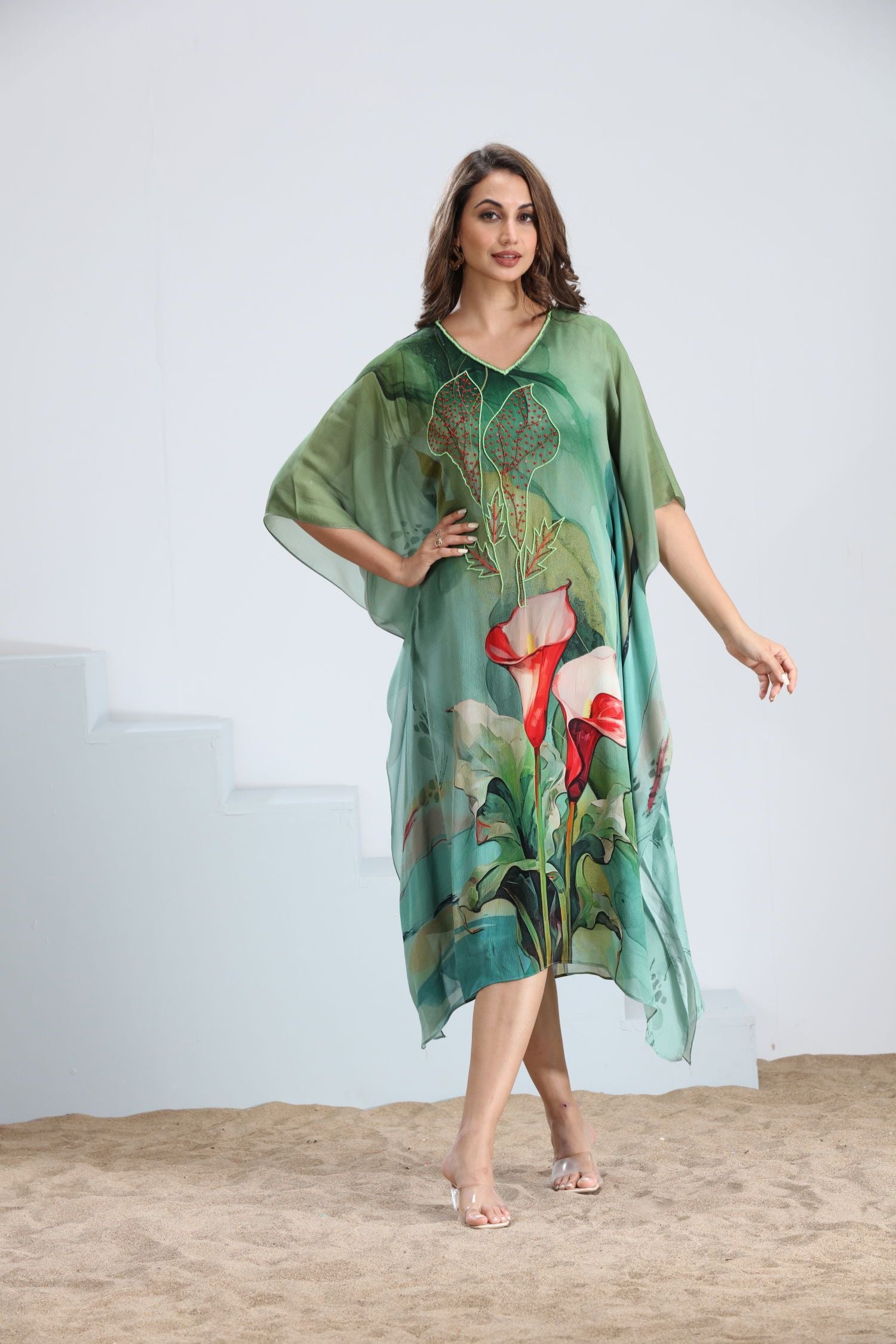 Viscose Chinon Kaftan in Green with Intricate Embroidery