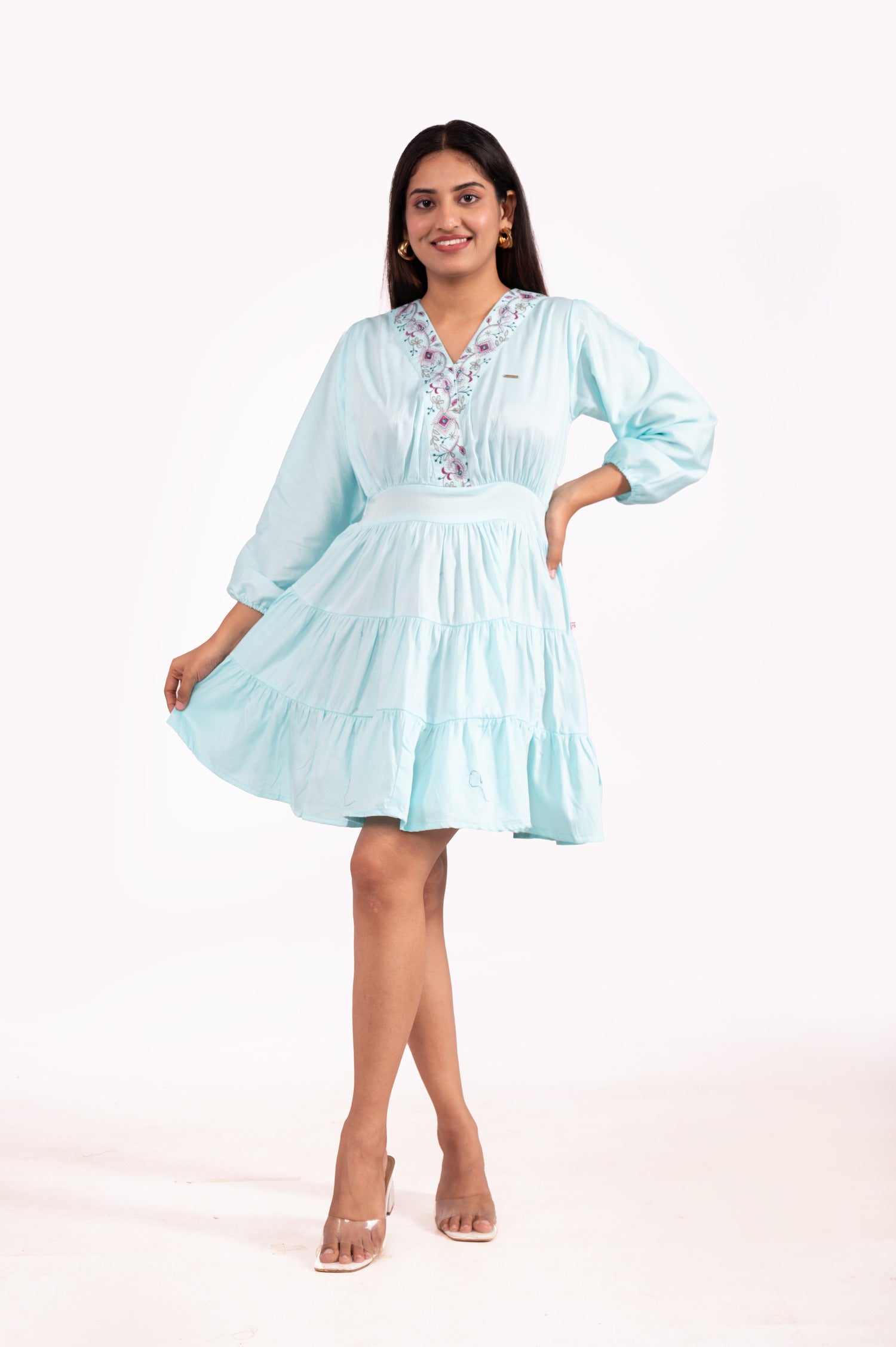 GAZI SILK V NECK EMBROIDERED TUNICS - SEA GREEN